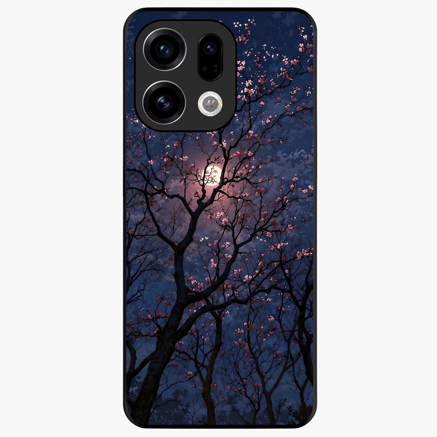 Twilight Sakura Serenade Glass Case showing flat back view with cherry blossom artwork at twilight and glossy glass finish.