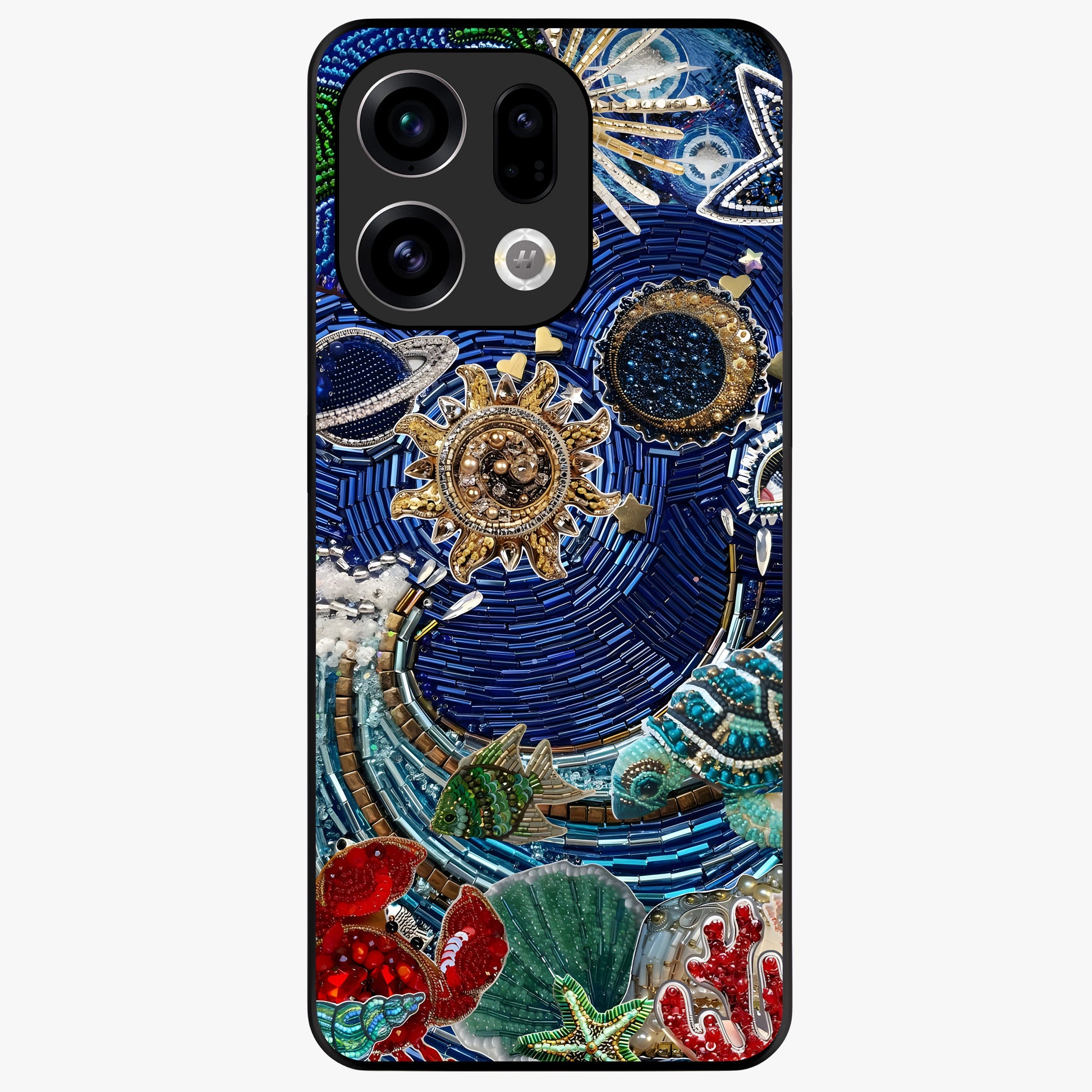 Universe Underwater Spark Glass Case showing flat back view with cosmic underwater themed artwork and glossy glass finish.