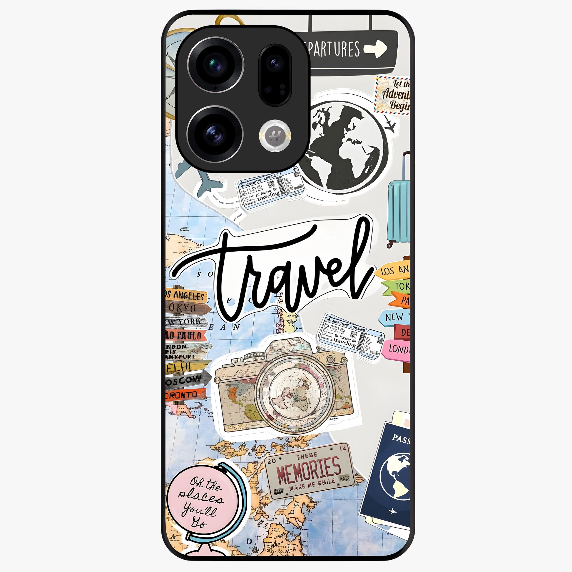 Wanderlust Journal Glass Case showing flat back view with travel inspired artwork and glossy glass finish.