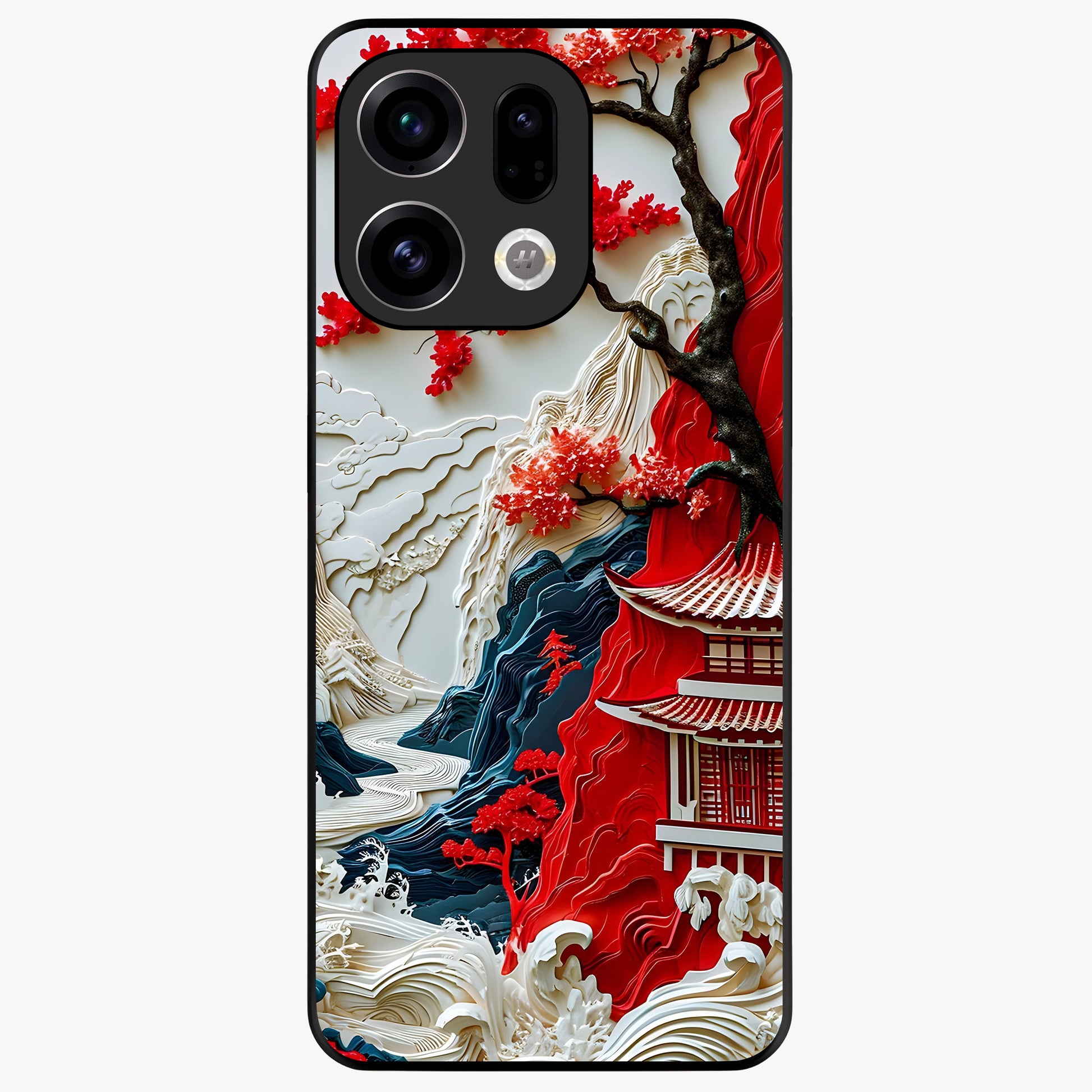 Whispers Of Sakura Waves Glass Case showing flat back view with cherry blossom wave artwork and glossy glass finish.