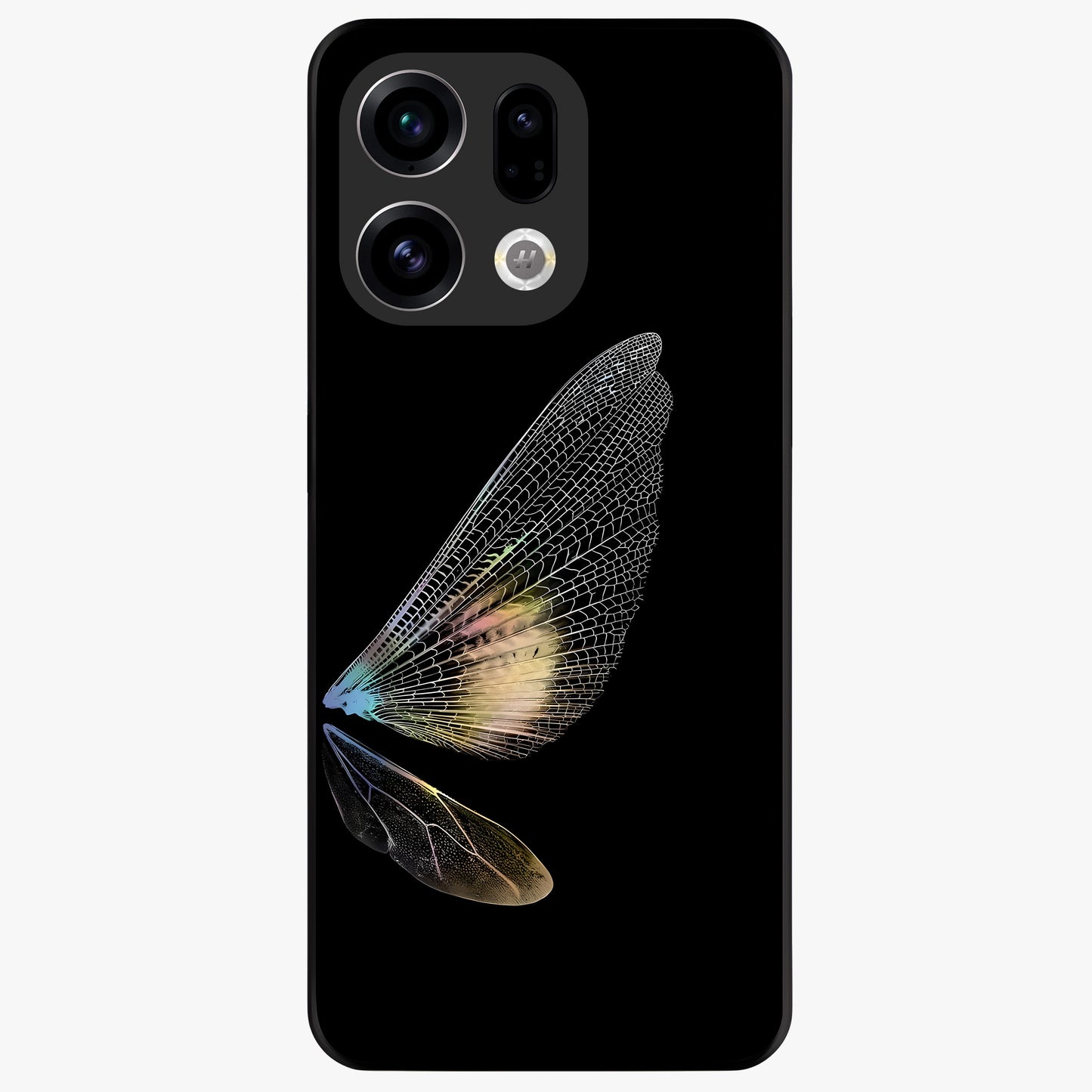 Whispers Of Wings Glass Case showing flat back view with graceful wing inspired artwork and glossy glass finish.