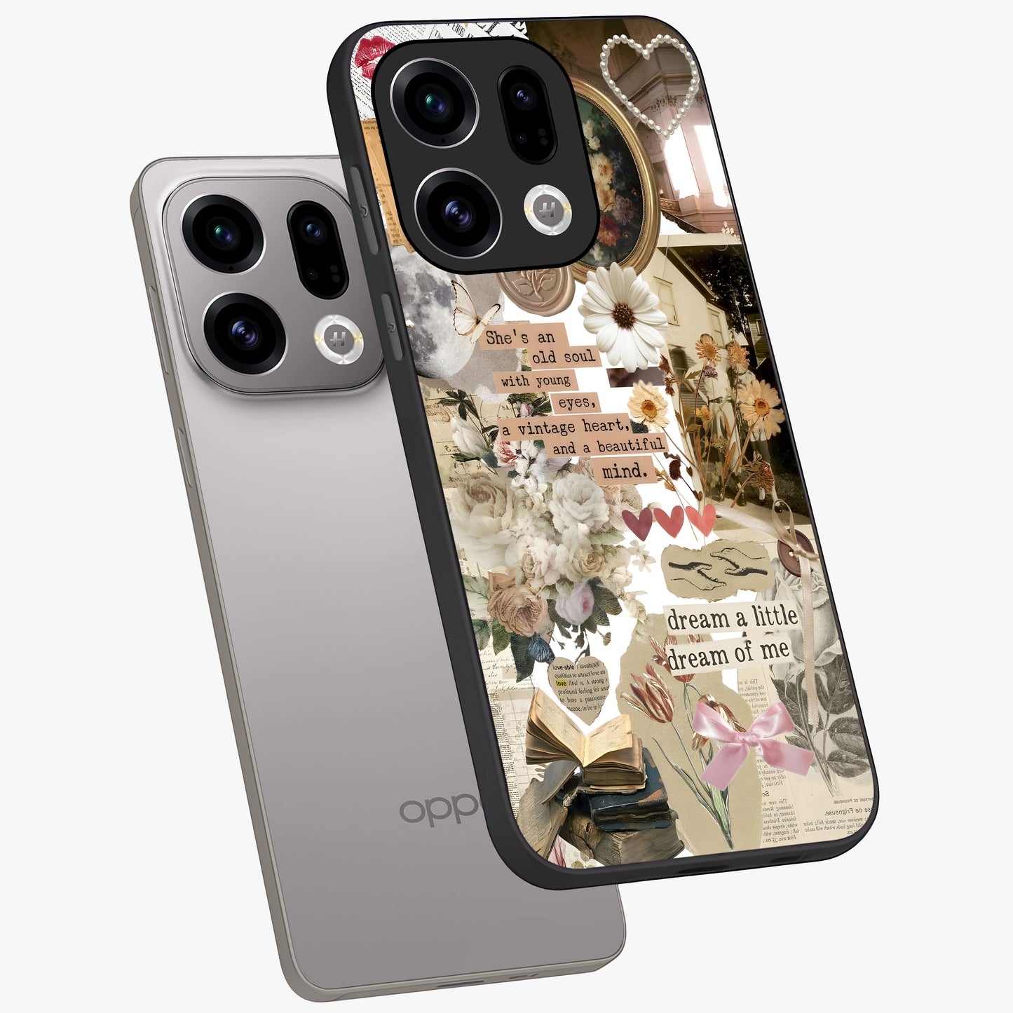 Aesthetic Brown Vintage Collage Glass Case displayed in angled mockup highlighting vintage aesthetic collage design.