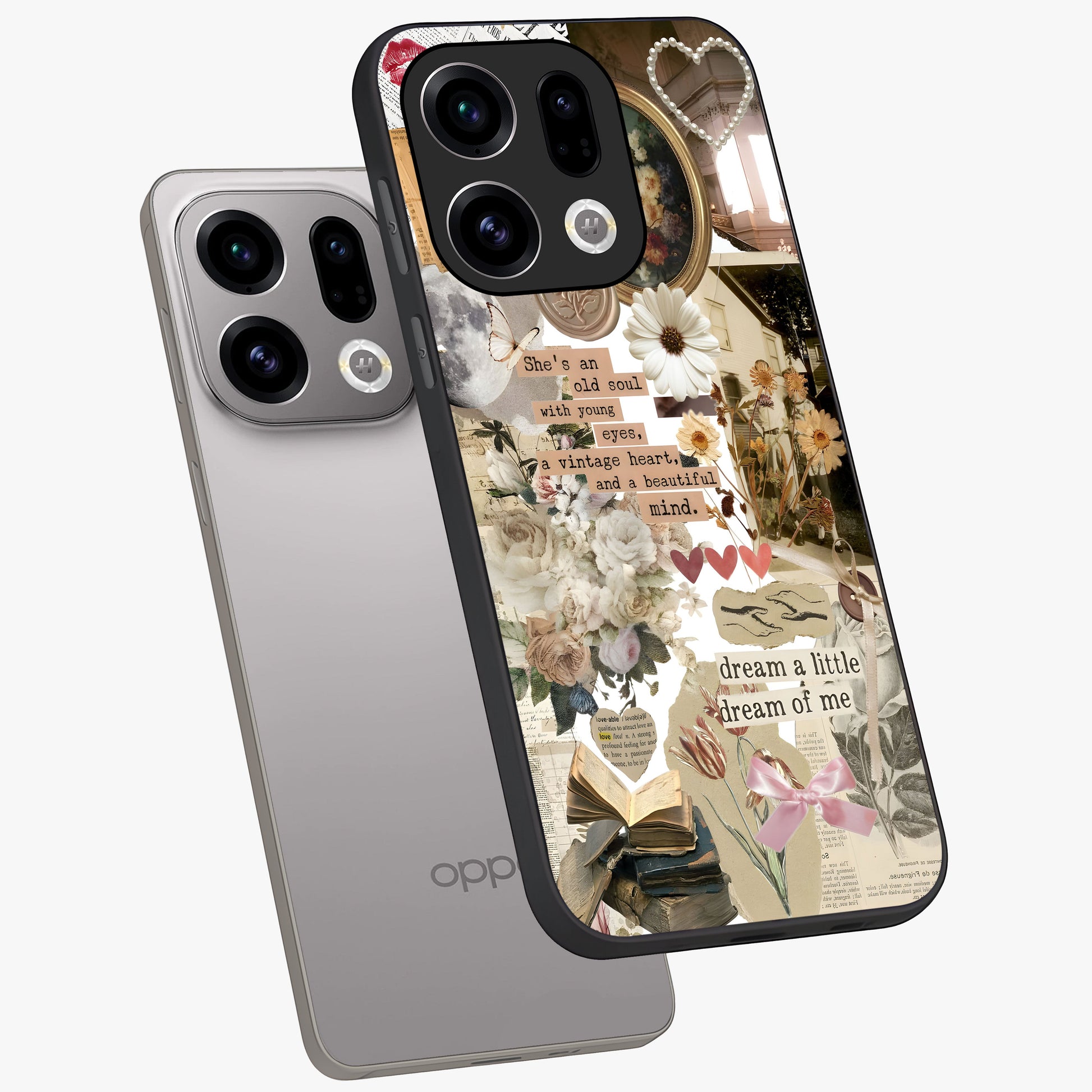 Aesthetic Brown Vintage Collage Glass Case displayed in angled mockup highlighting vintage aesthetic collage design.