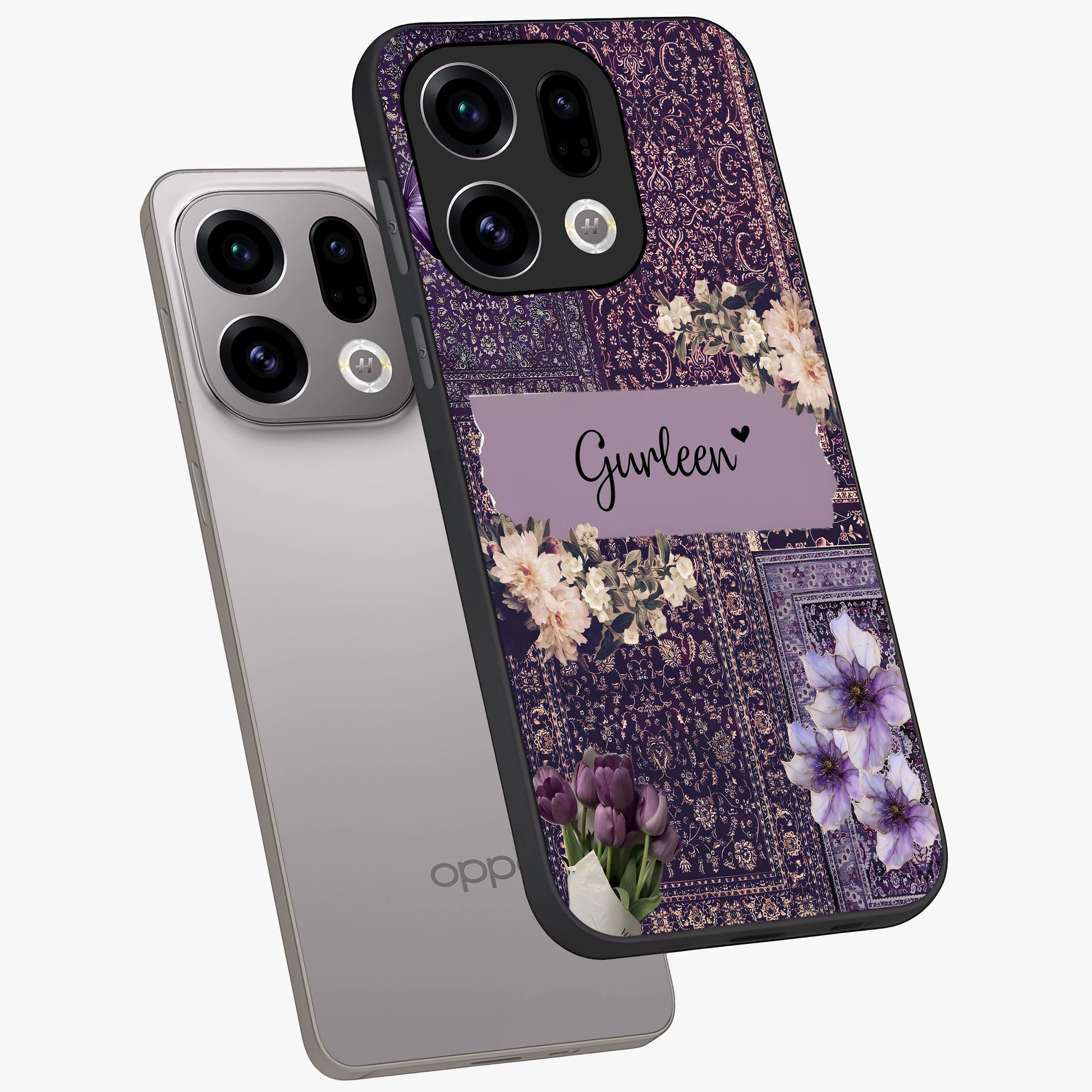 Antique Floral Whisper Custom Name Glass Case displayed in angled mockup highlighting elegant antique floral aesthetic.