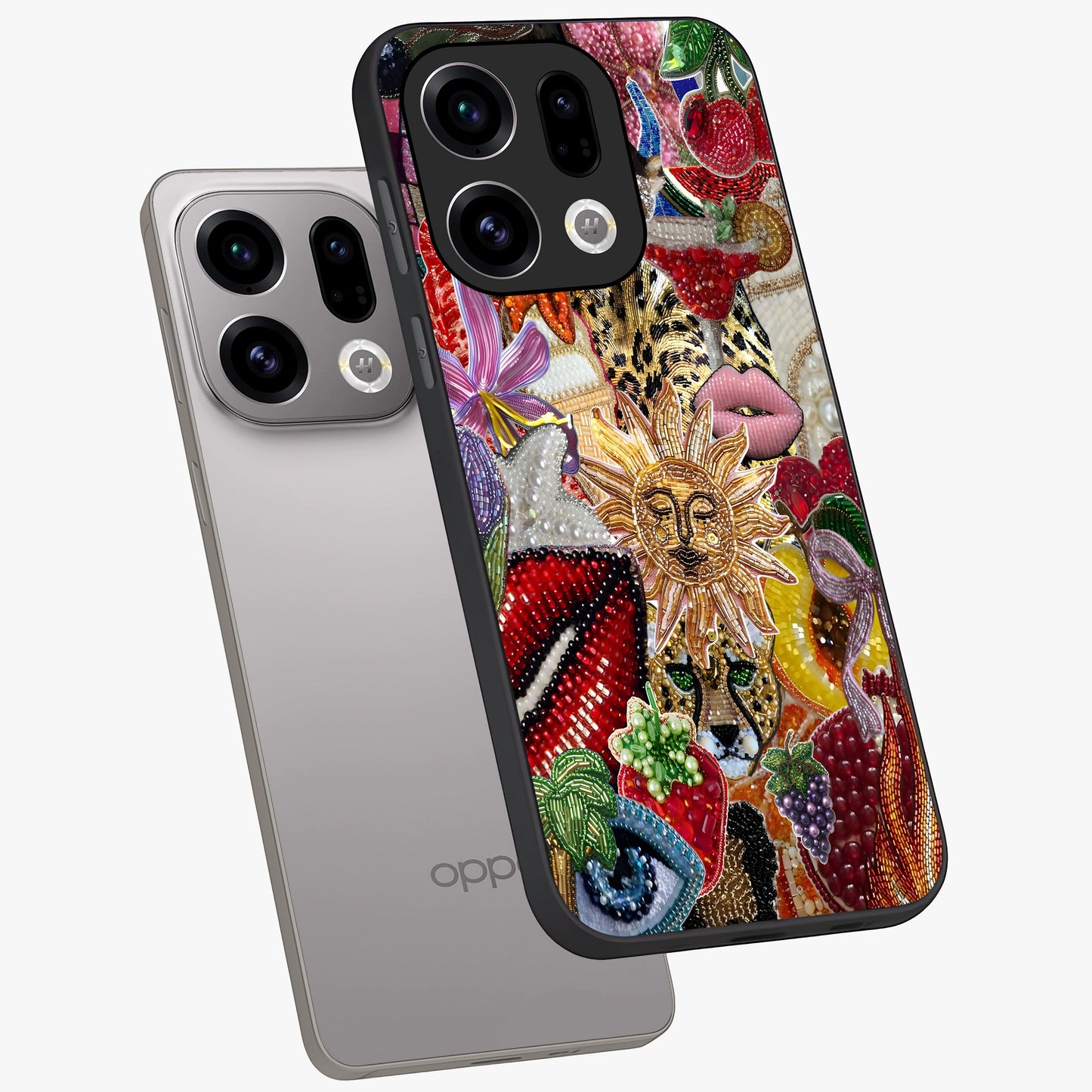 Beaded Fashion Jungle Glass Case displayed in angled mockup highlighting colorful fashion bead design and artistic pattern.