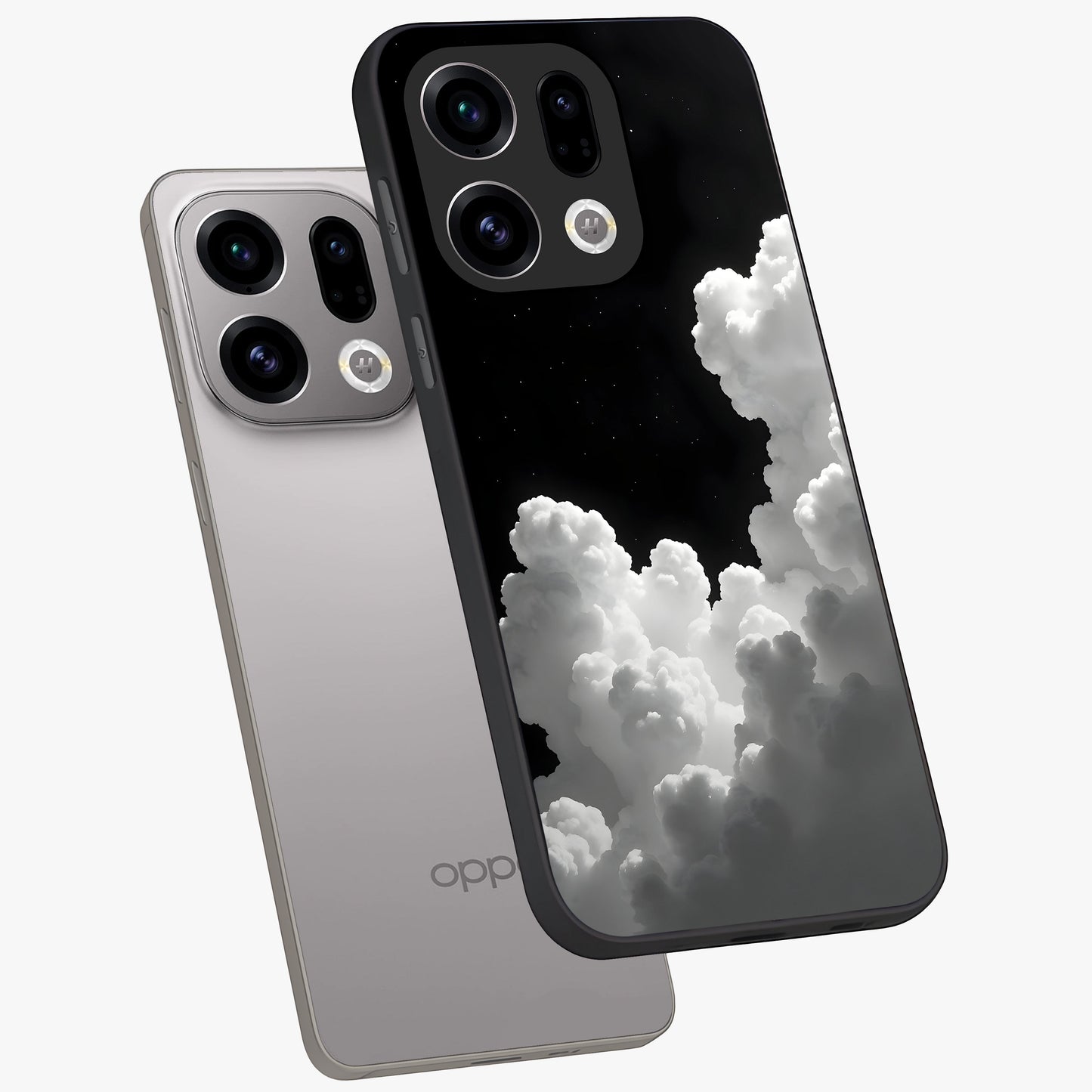 Black Background With White Cloud Glass Case displayed in angled mockup highlighting soft white cloud illustration and minimal design.