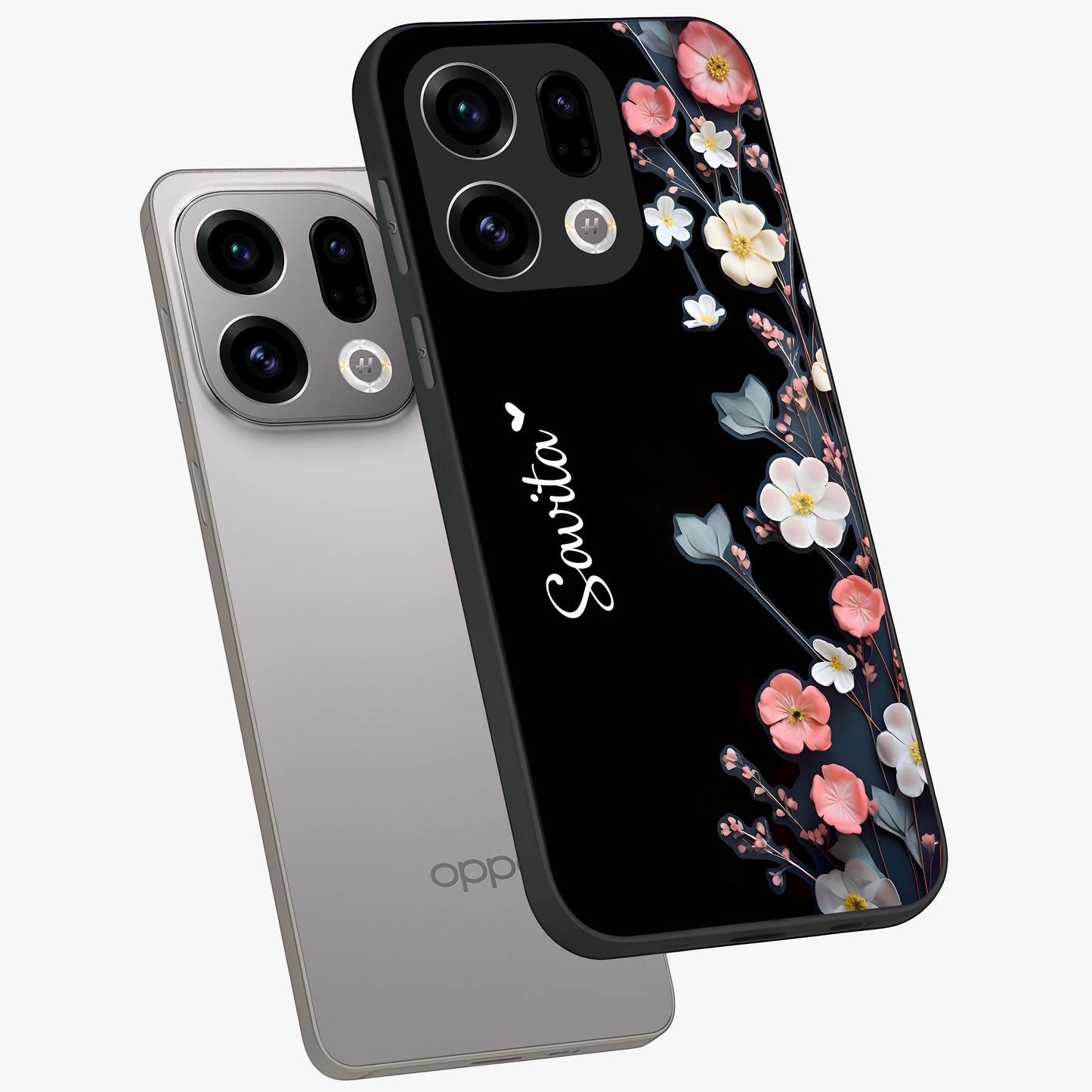 Black Elegance Floral Custom Name Glass Case displayed in angled mockup highlighting dark floral aesthetic and custom name feature.