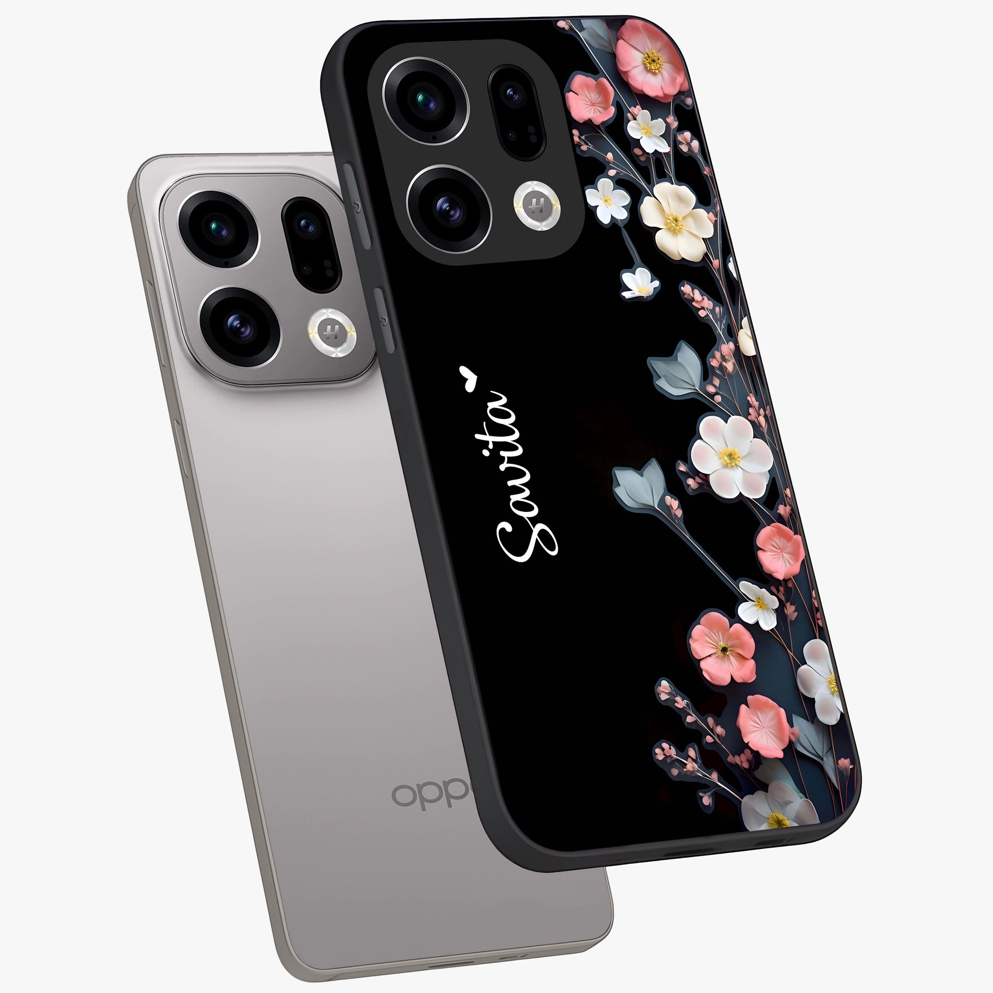 Black Elegance Floral Custom Name Glass Case displayed in angled mockup highlighting dark floral aesthetic and custom name feature.