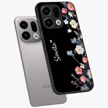 Black Elegance Floral Custom Name Glass Case displayed in angled mockup highlighting dark floral aesthetic and custom name feature.