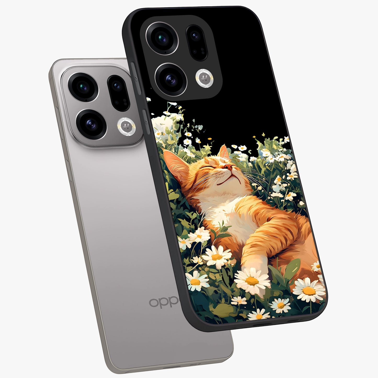 Blissful Bloom Cat Glass Case displayed in angled mockup highlighting playful feline illustration with soft floral aesthetic.