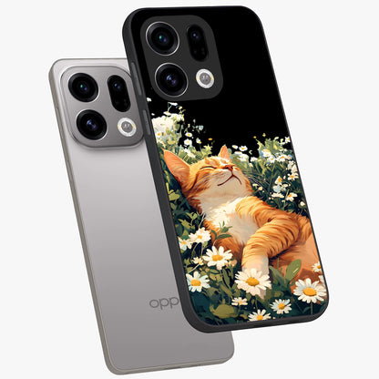Blissful Bloom Cat Glass Case displayed in angled mockup highlighting playful feline illustration with soft floral aesthetic.