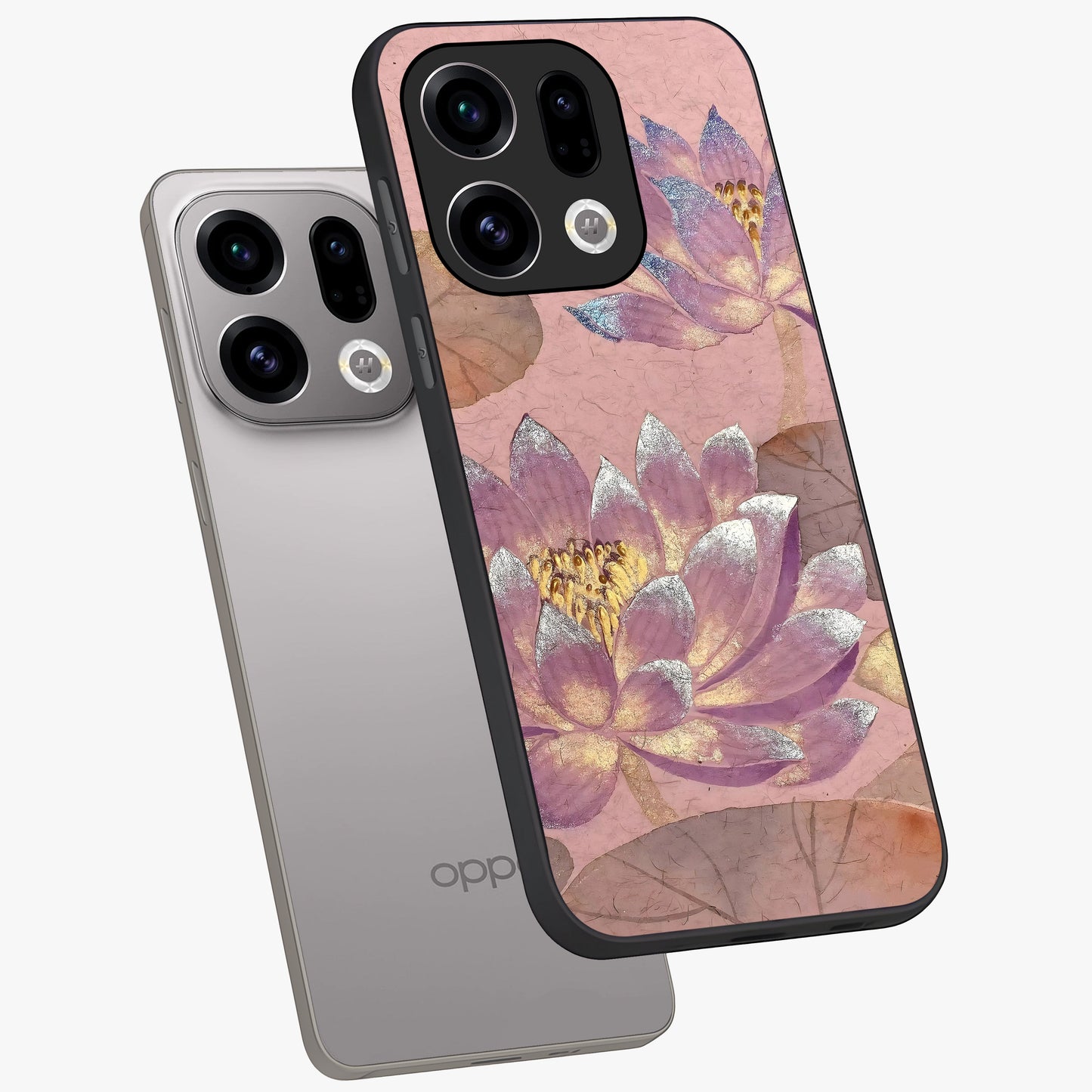 Blossom Mist Lotus Glass Case displayed in angled mockup highlighting delicate lotus illustration with calm aesthetic theme.