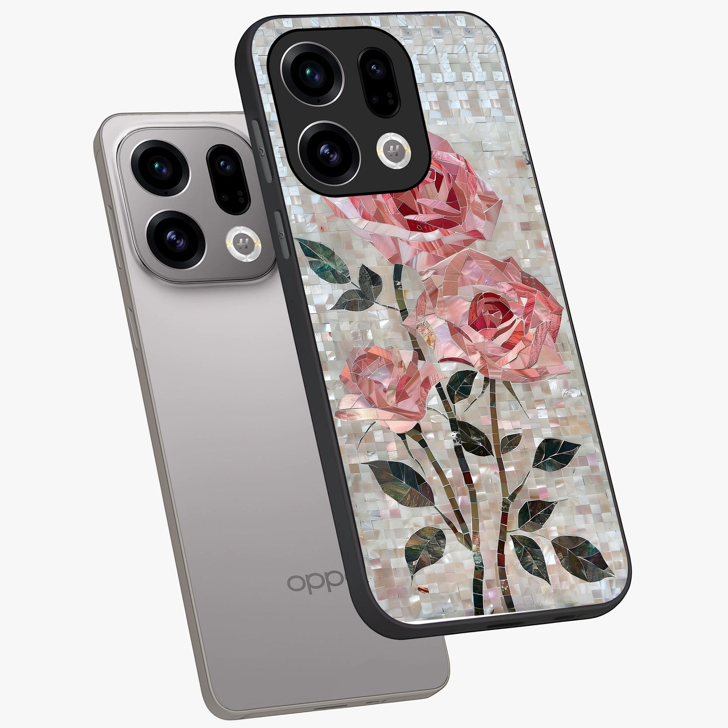 Blush Mosaic Bloom Glass Case displayed in angled mockup highlighting artistic mosaic flower pattern with aesthetic design.
