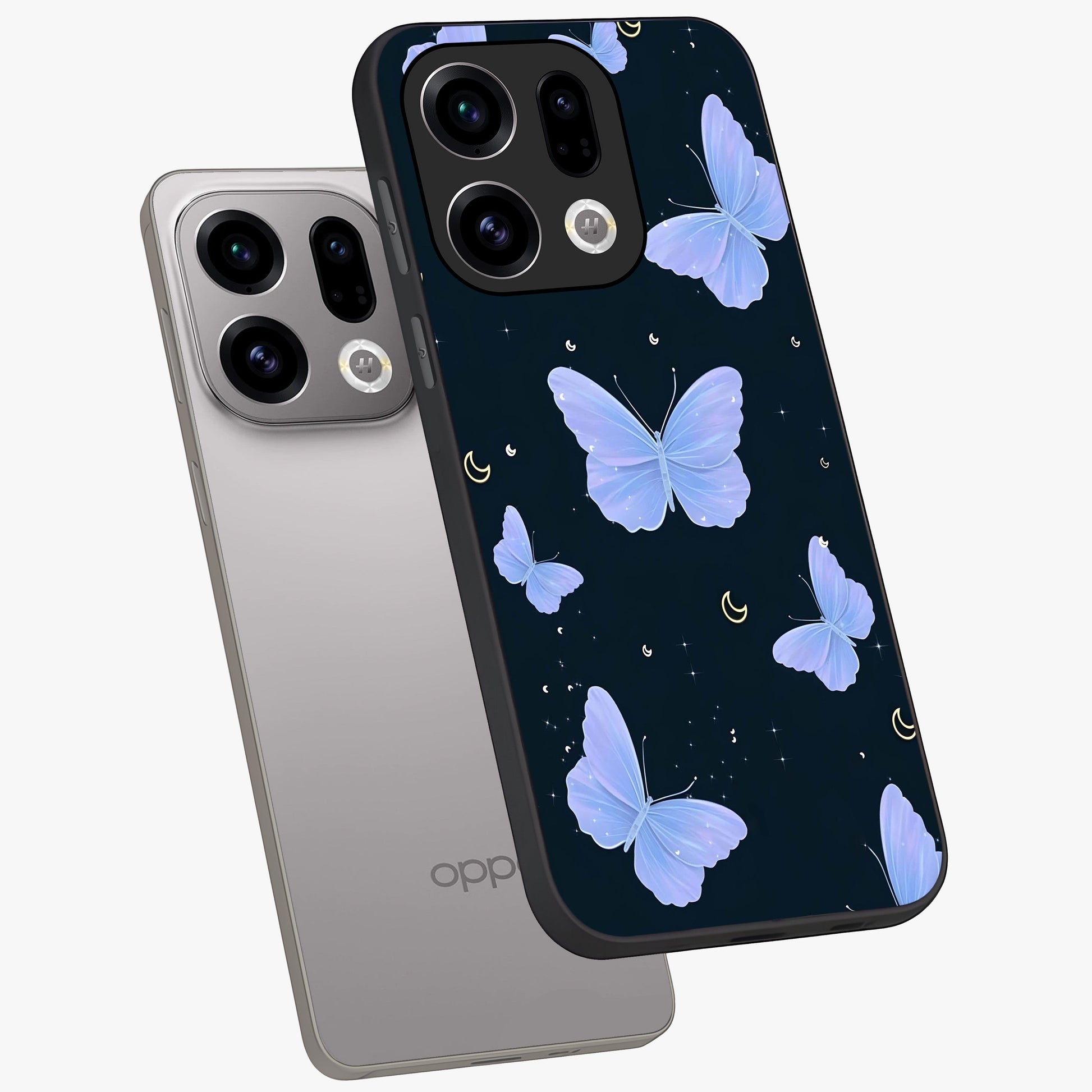 Butterfly With Stars Pattern Glass Case displayed in angled mockup highlighting dreamy butterfly and star design with aesthetic theme.
