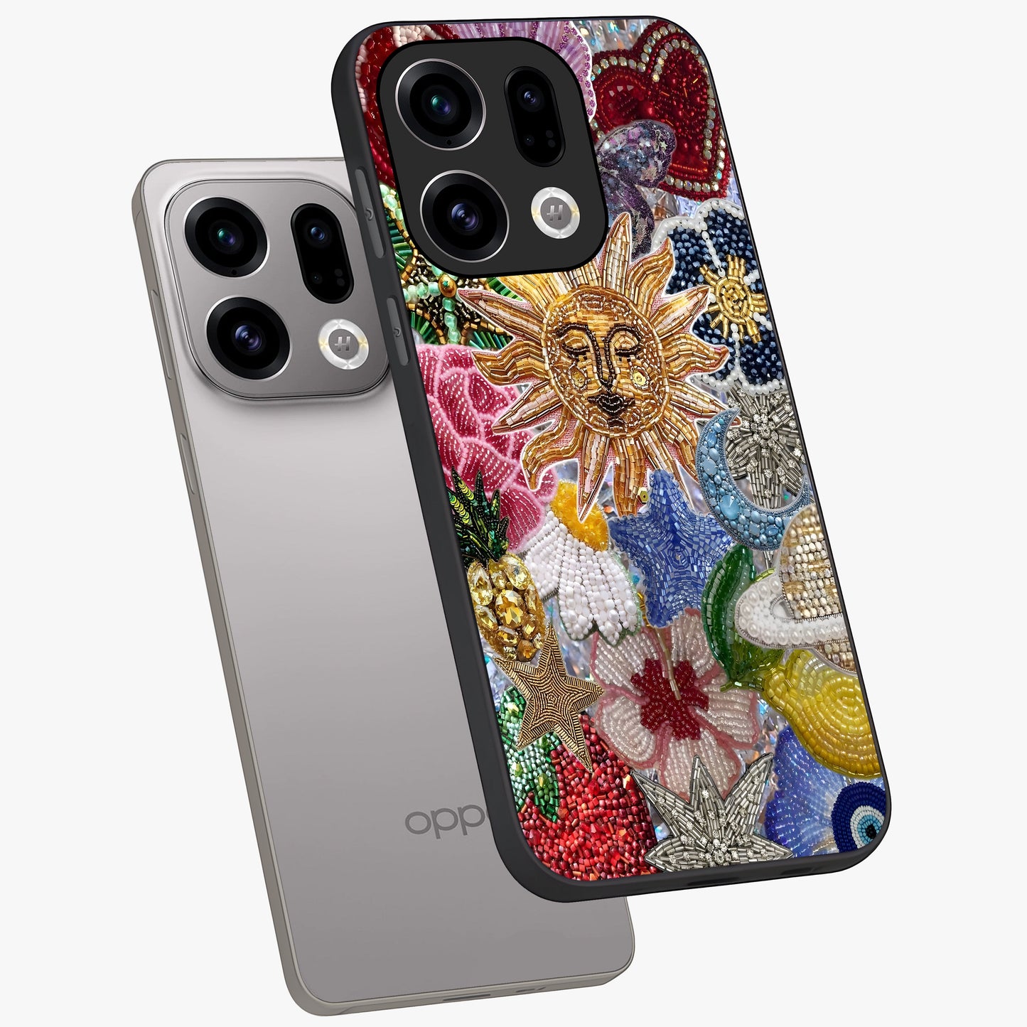 Celestial Floral and Playful Glass Case displayed in angled mockup highlighting playful floral design with dreamy celestial elements.