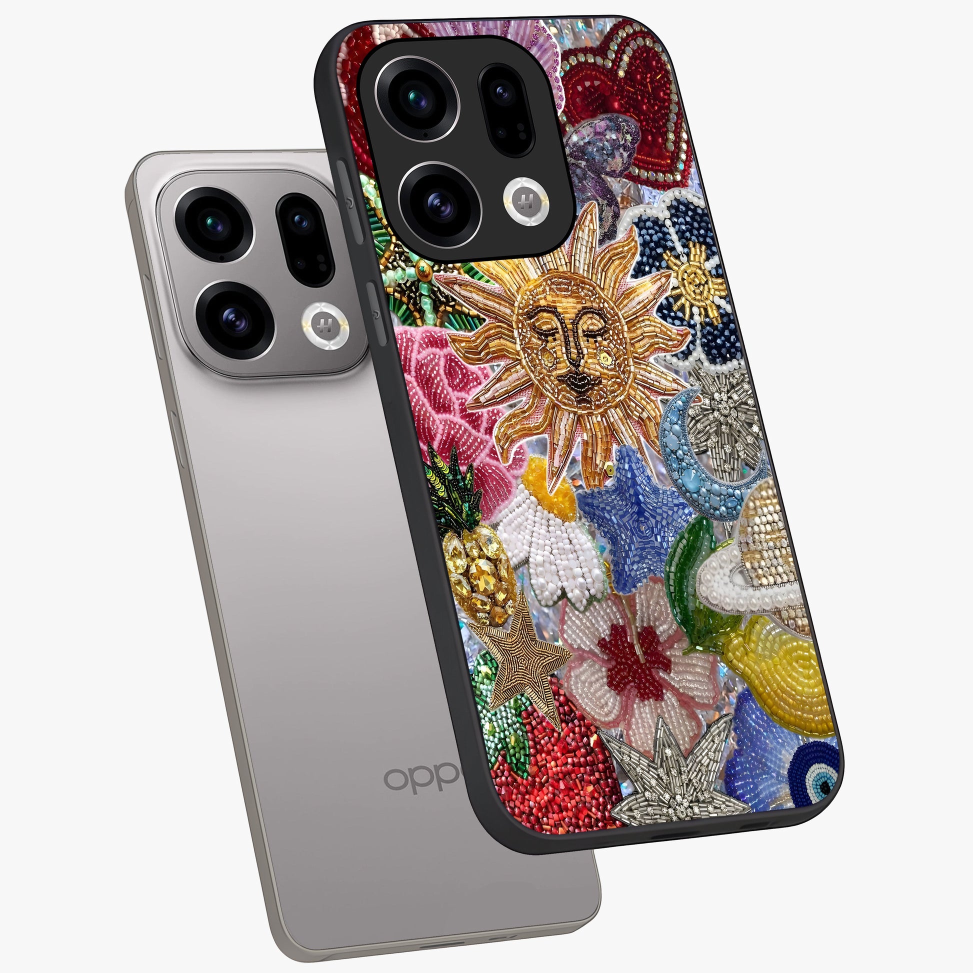 Celestial Floral and Playful Glass Case displayed in angled mockup highlighting playful floral design with dreamy celestial elements.