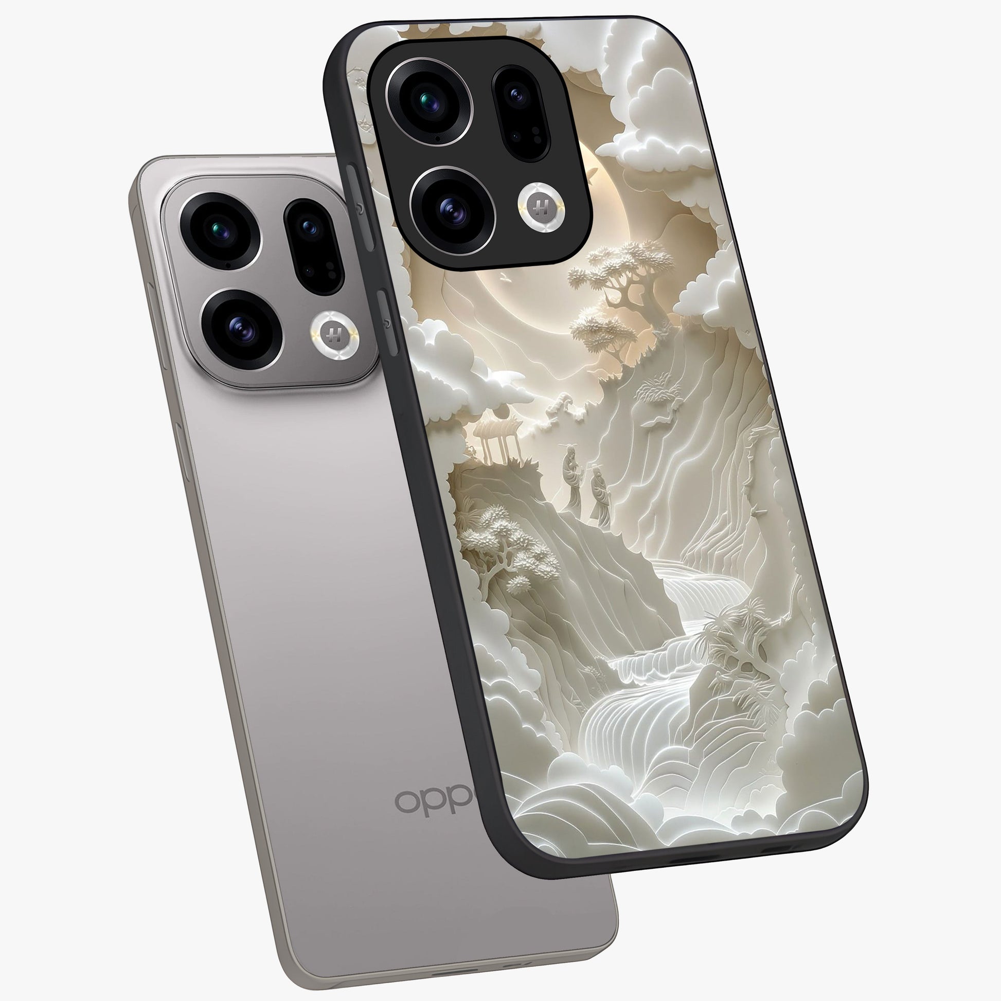Celestial Origami Glass Case displayed in angled mockup highlighting geometric origami design with cosmic aesthetic theme.