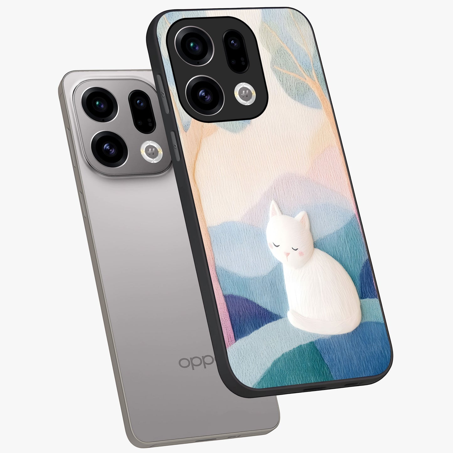 Cotton Dream Cat Glass Case displayed in angled mockup highlighting cute feline illustration with pastel aesthetic style.