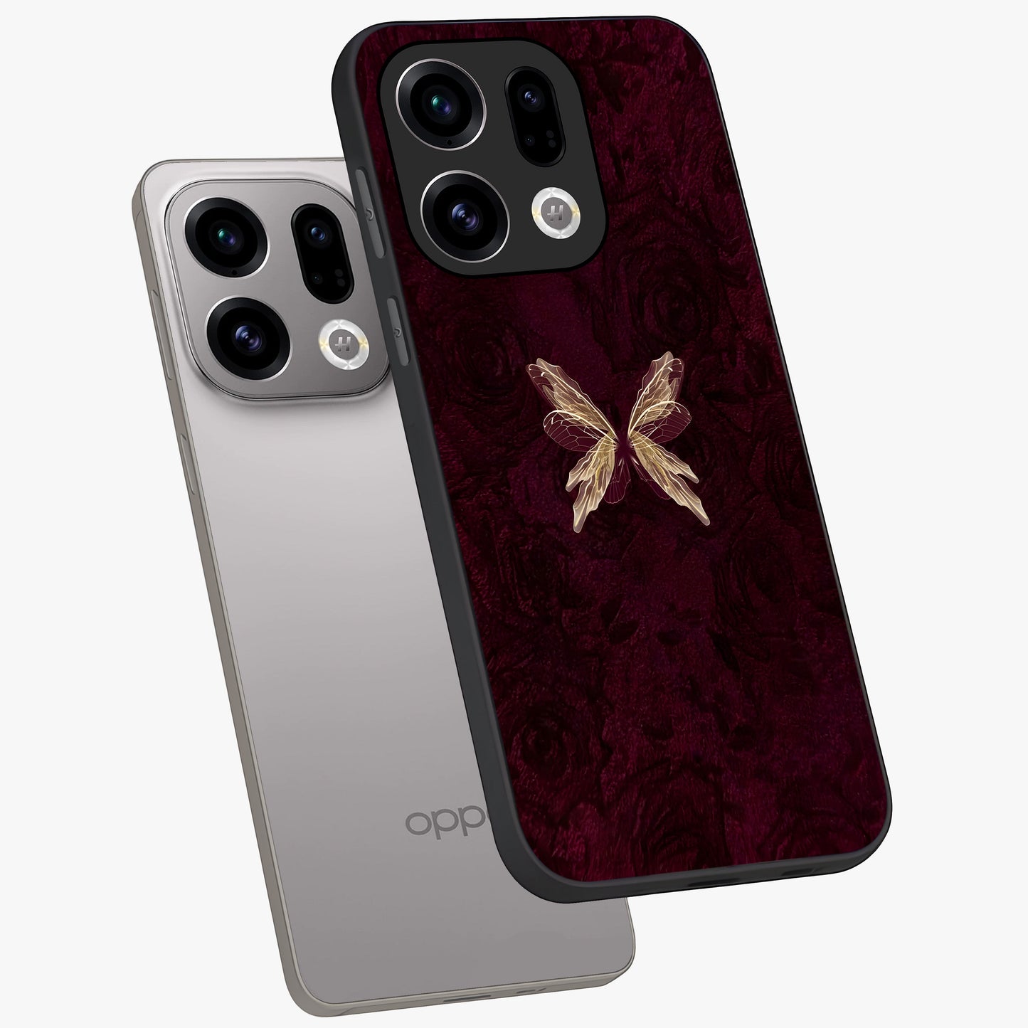 Crimson Fade Butterfly Glass Case displayed in angled mockup highlighting elegant butterfly design with crimson gradient aesthetic.