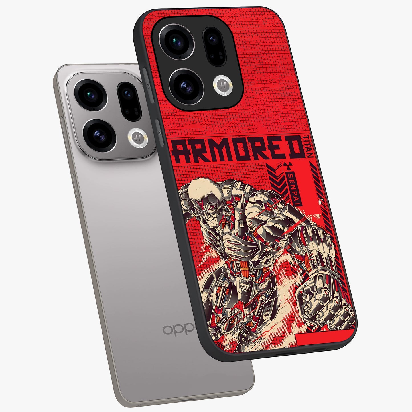 Crimson Mecha Titan Glass Case displayed in angled mockup highlighting futuristic mech illustration with bold crimson aesthetic.