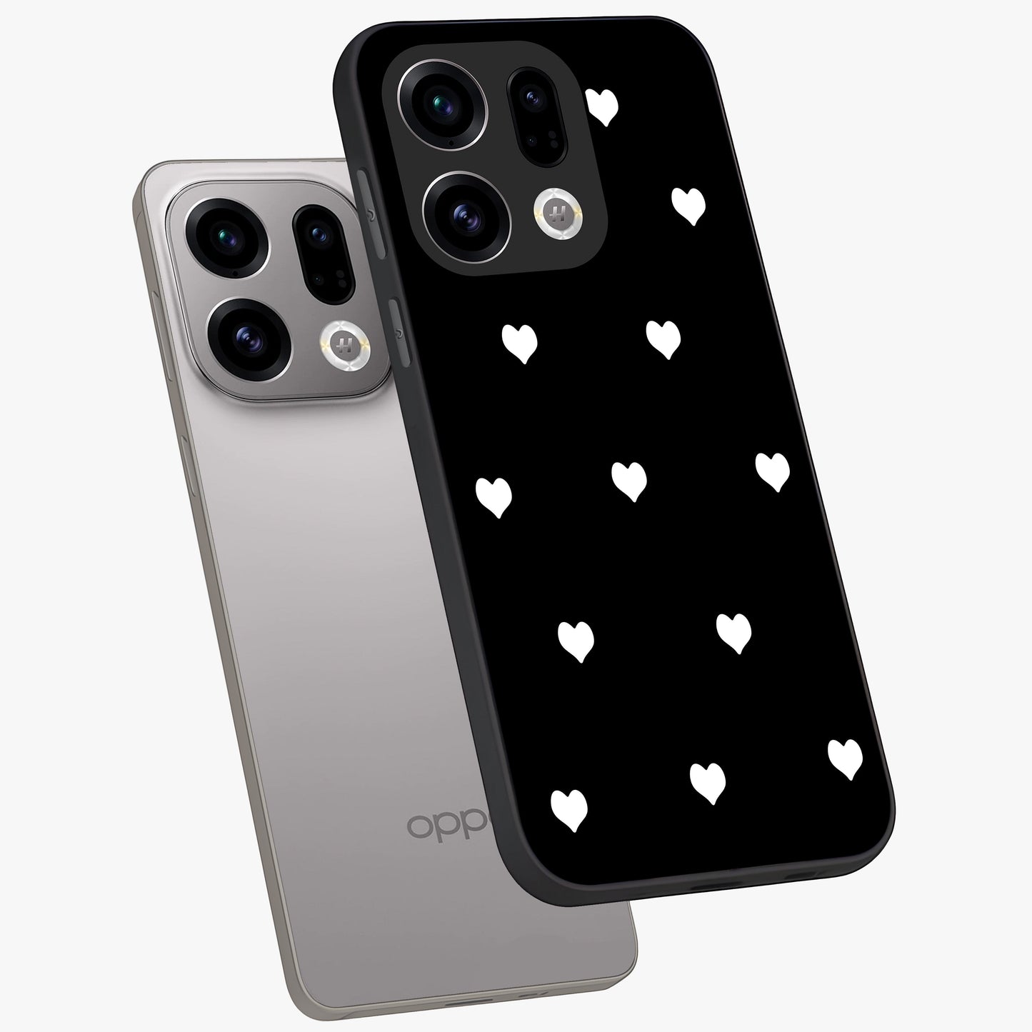 Cute And Simple White Hearts Glass Case displayed in angled mockup highlighting cute heart design with clean aesthetic style.