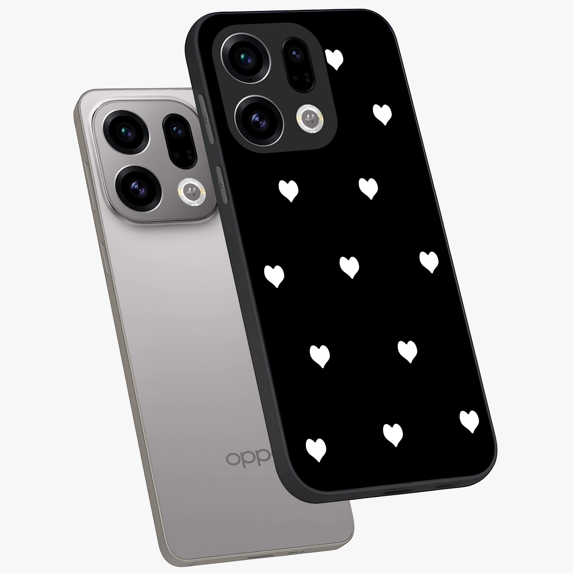 Cute And Simple White Hearts Glass Case displayed in angled mockup highlighting cute heart design with clean aesthetic style.
