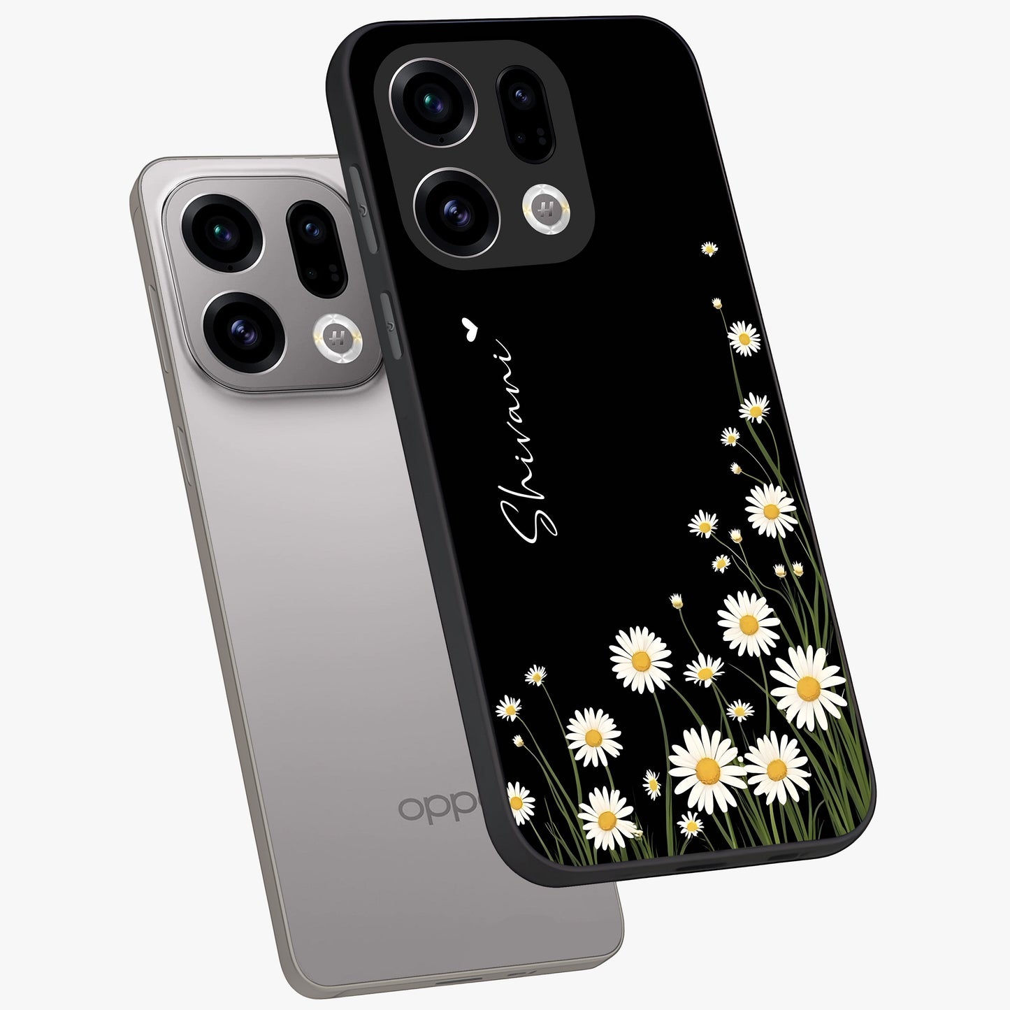 Daisy Cascade Custom Name Glass Case displayed in angled mockup highlighting delicate daisy artwork with custom name feature.