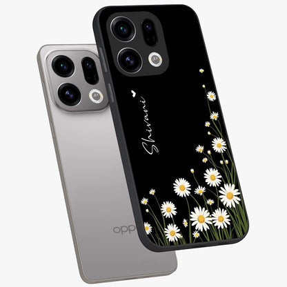 Daisy Cascade Custom Name Glass Case displayed in angled mockup highlighting delicate daisy artwork with custom name feature.
