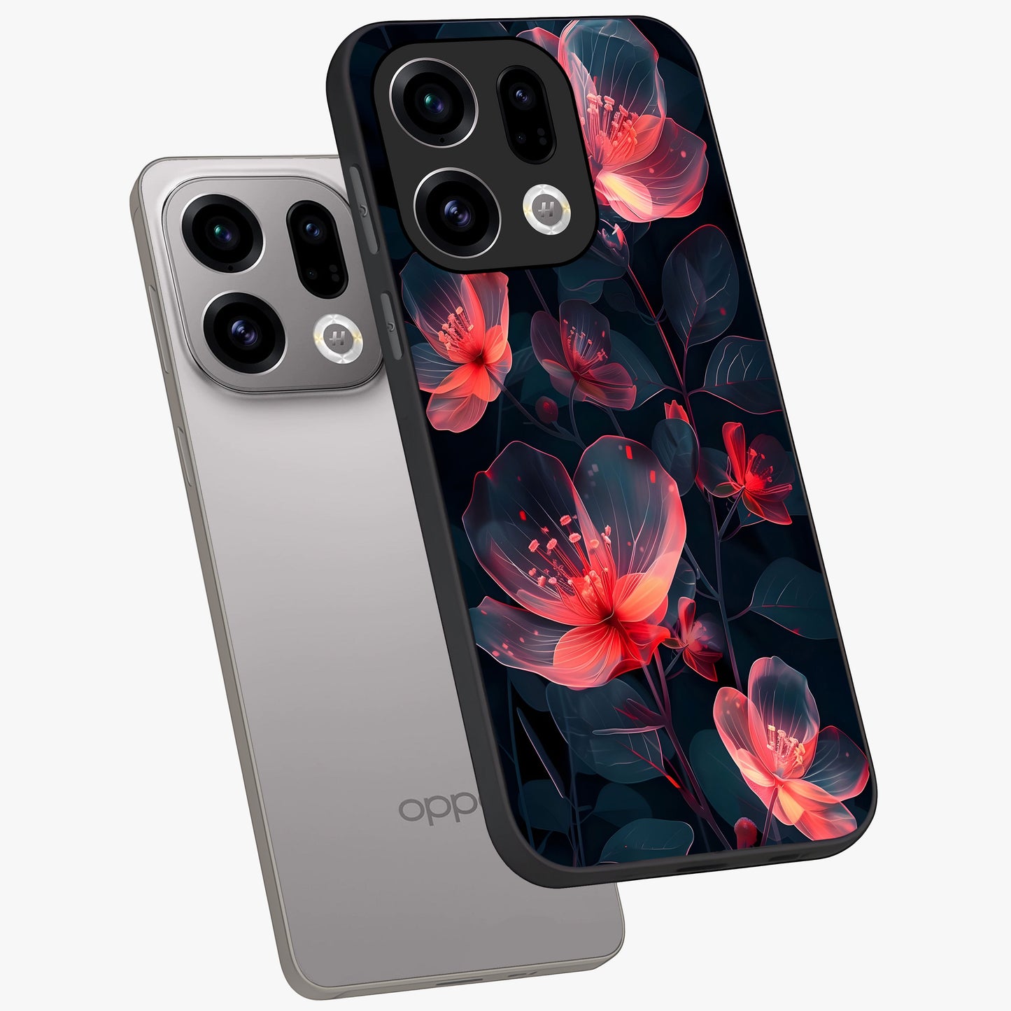 Dark Shade of Flower Glass Case displayed in angled mockup highlighting moody floral illustration with aesthetic dark tones.