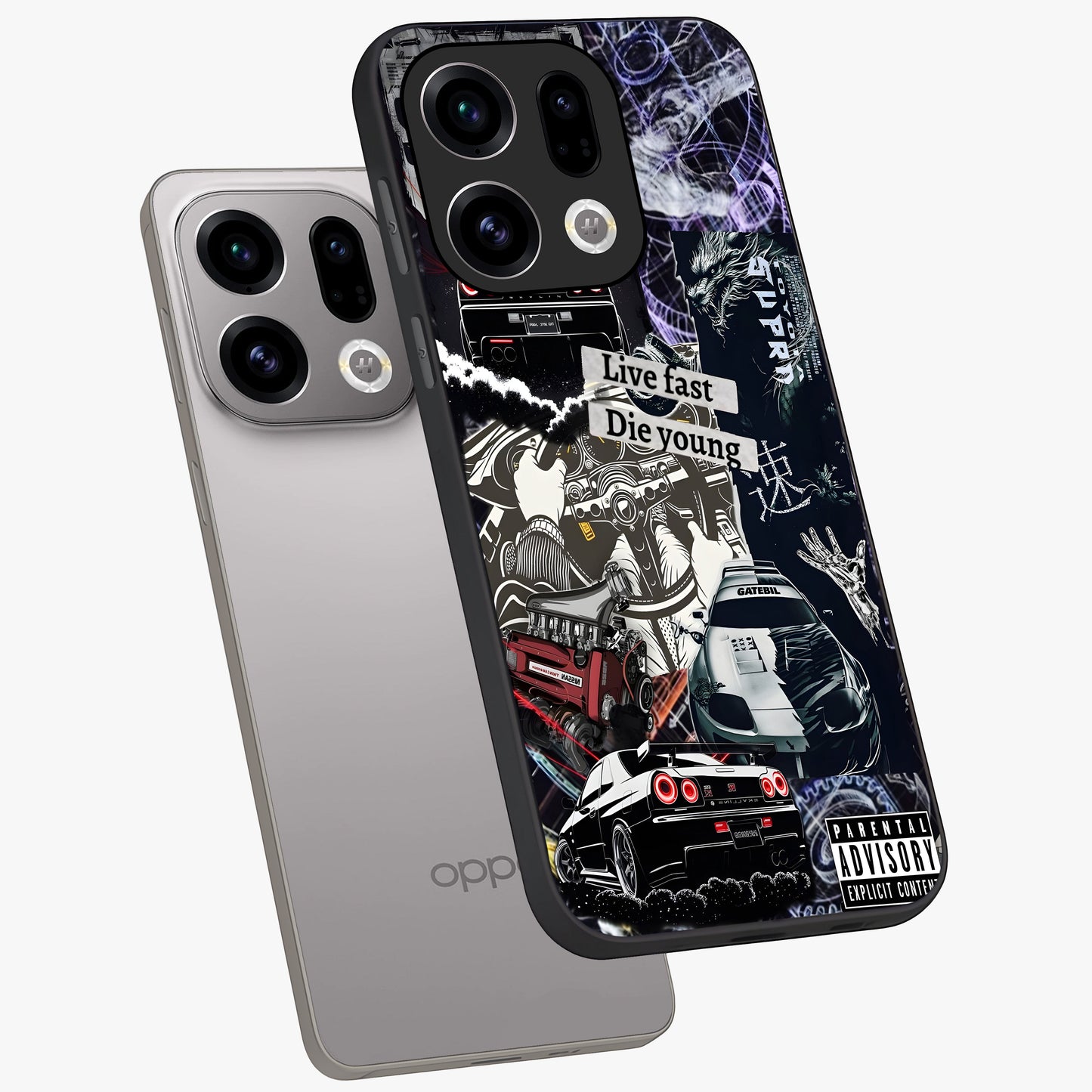 Die Young Glass Case displayed in angled mockup highlighting expressive graphic artwork with edgy aesthetic style.