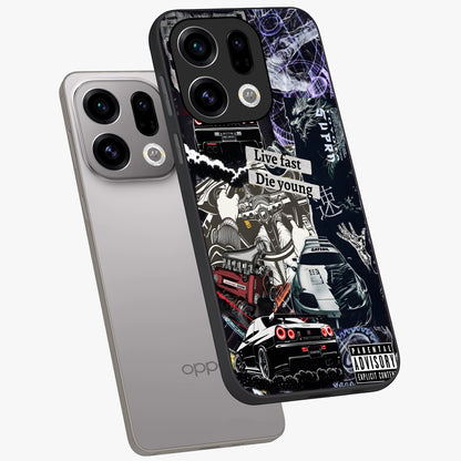 Die Young Glass Case displayed in angled mockup highlighting expressive graphic artwork with edgy aesthetic style.