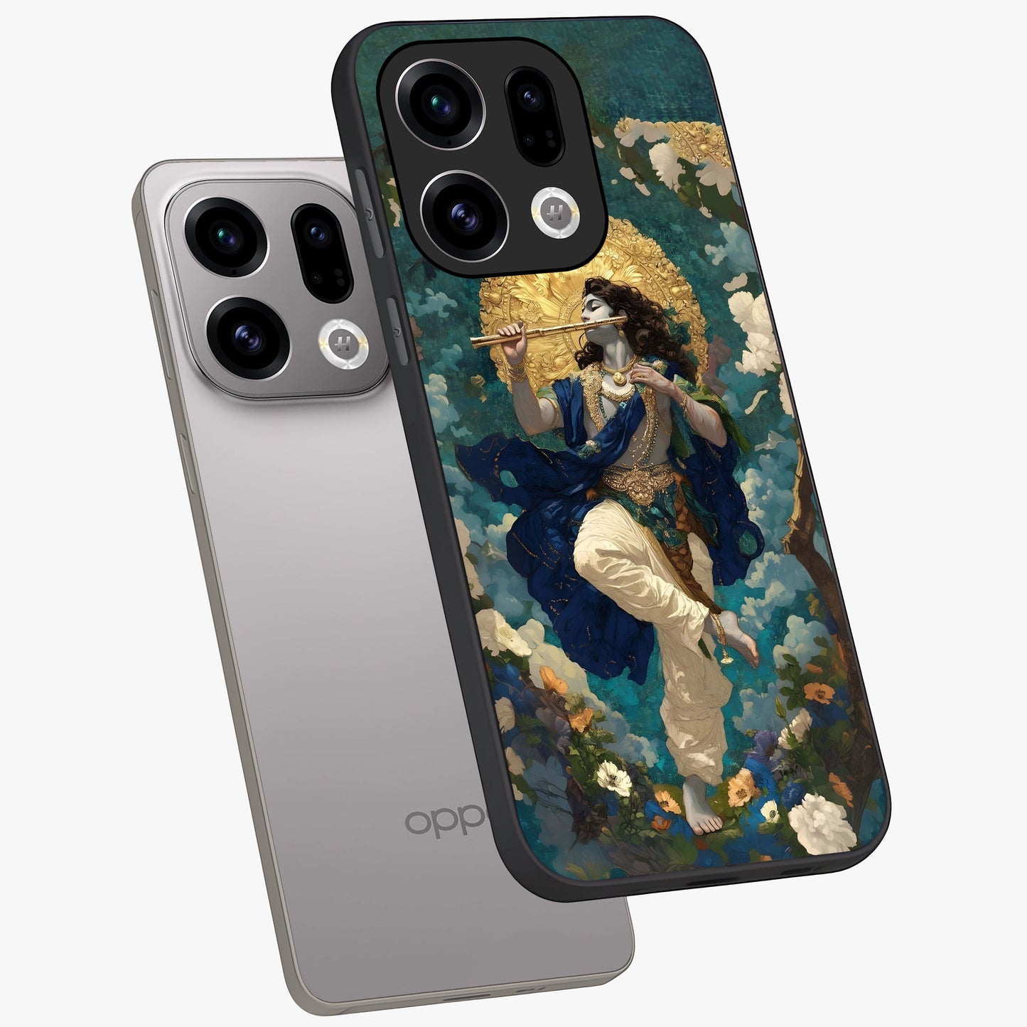 Divine Krishna Art Glass Case displayed in angled mockup highlighting spiritual Krishna illustration with devotional aesthetic.