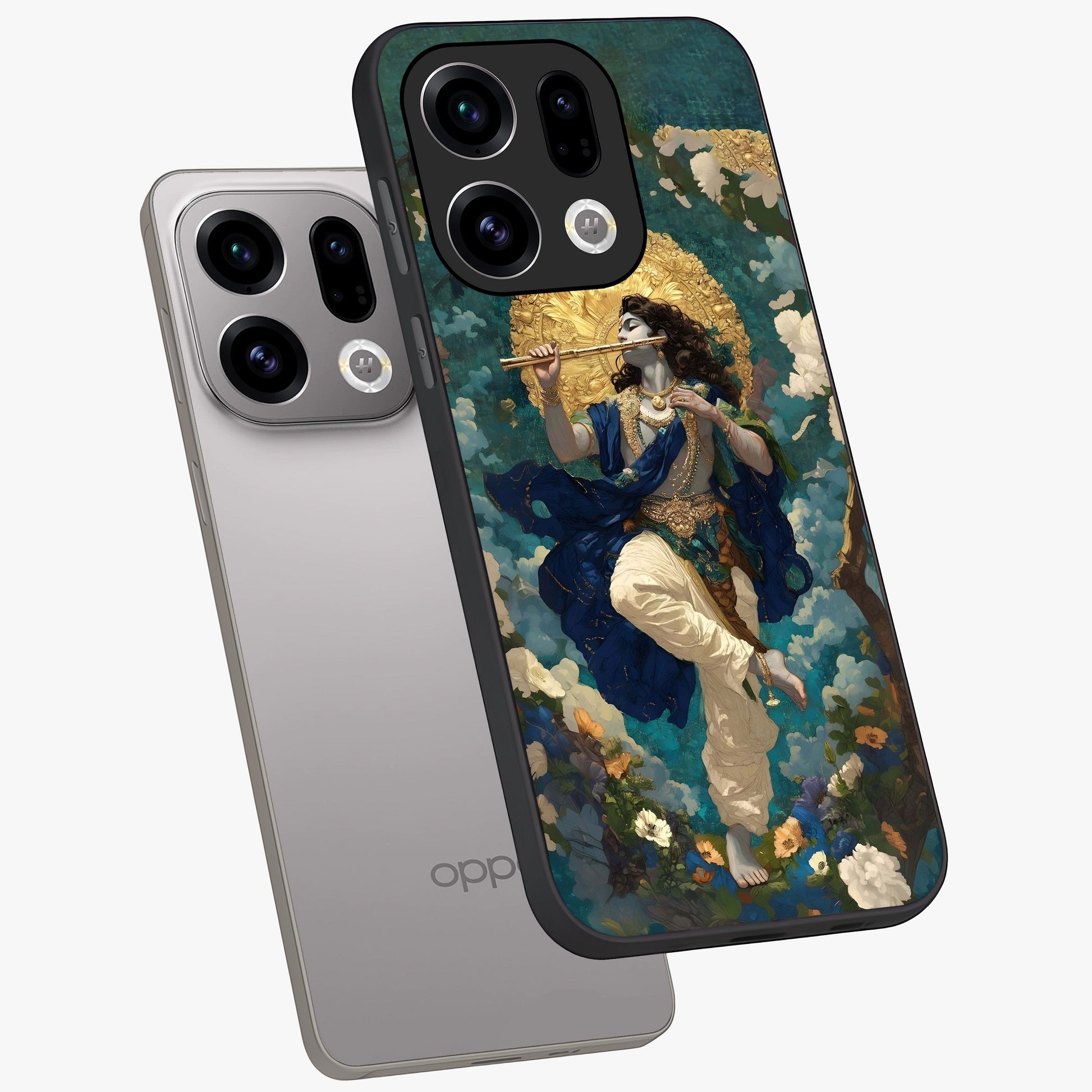 Divine Krishna Art Glass Case displayed in angled mockup highlighting spiritual Krishna illustration with devotional aesthetic.