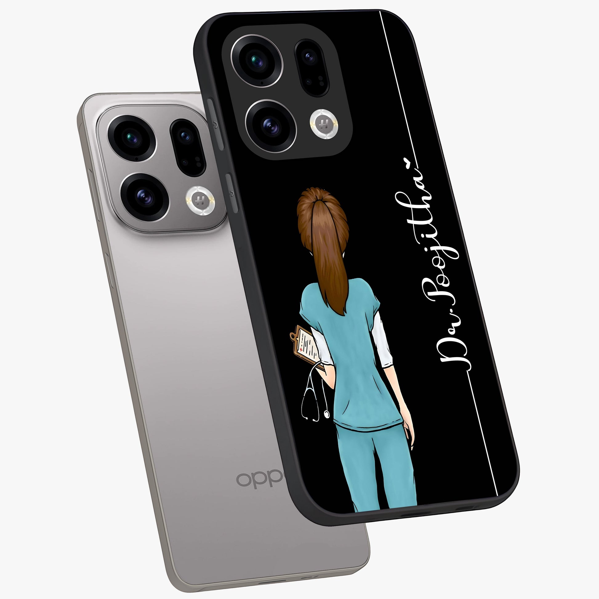 Doctor Pattern Custom Name Glass Case displayed in angled mockup highlighting doctor inspired artwork with custom name feature.