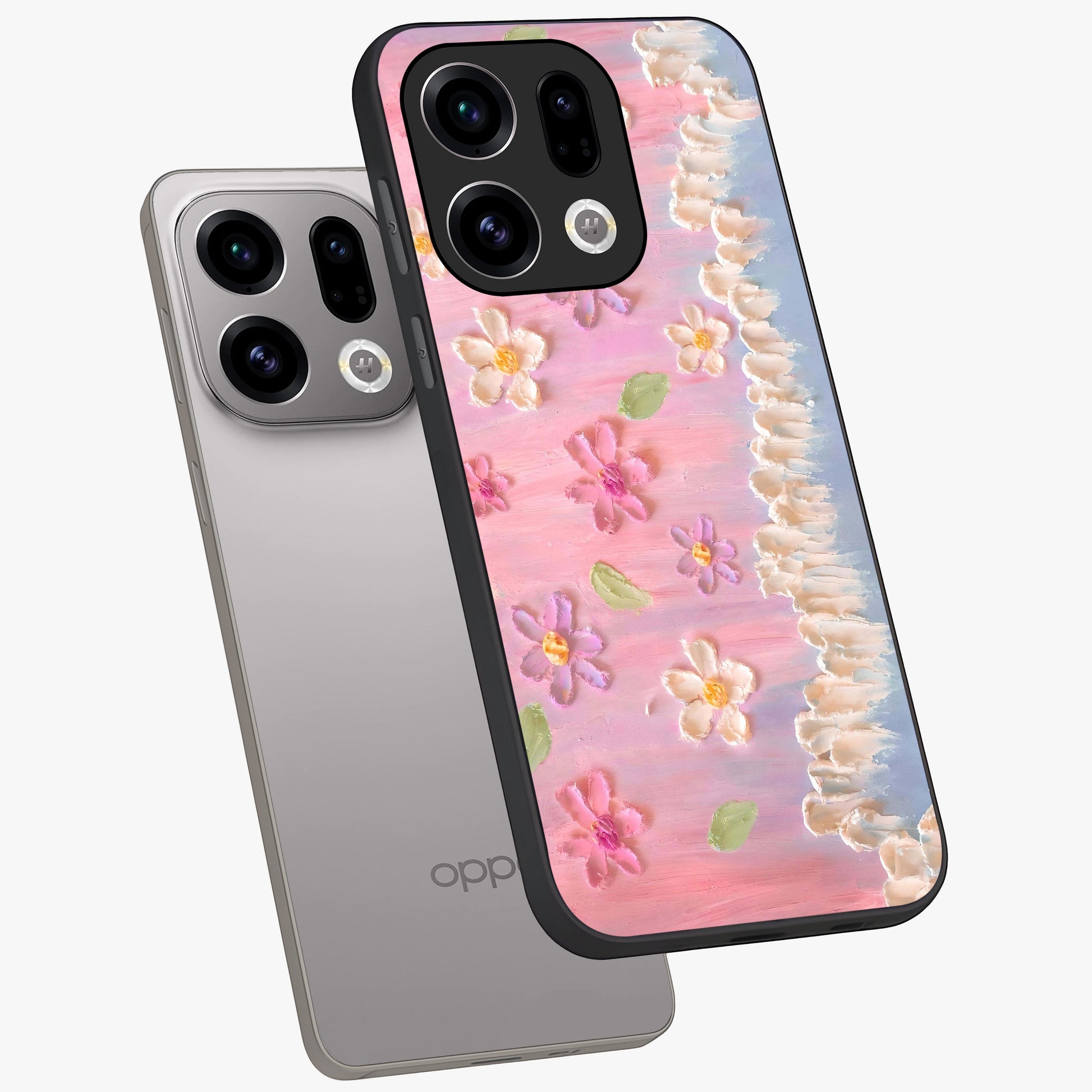 Dreamy Painted Garden Glass Case displayed in angled mockup highlighting colorful garden illustration with dreamy aesthetic style.