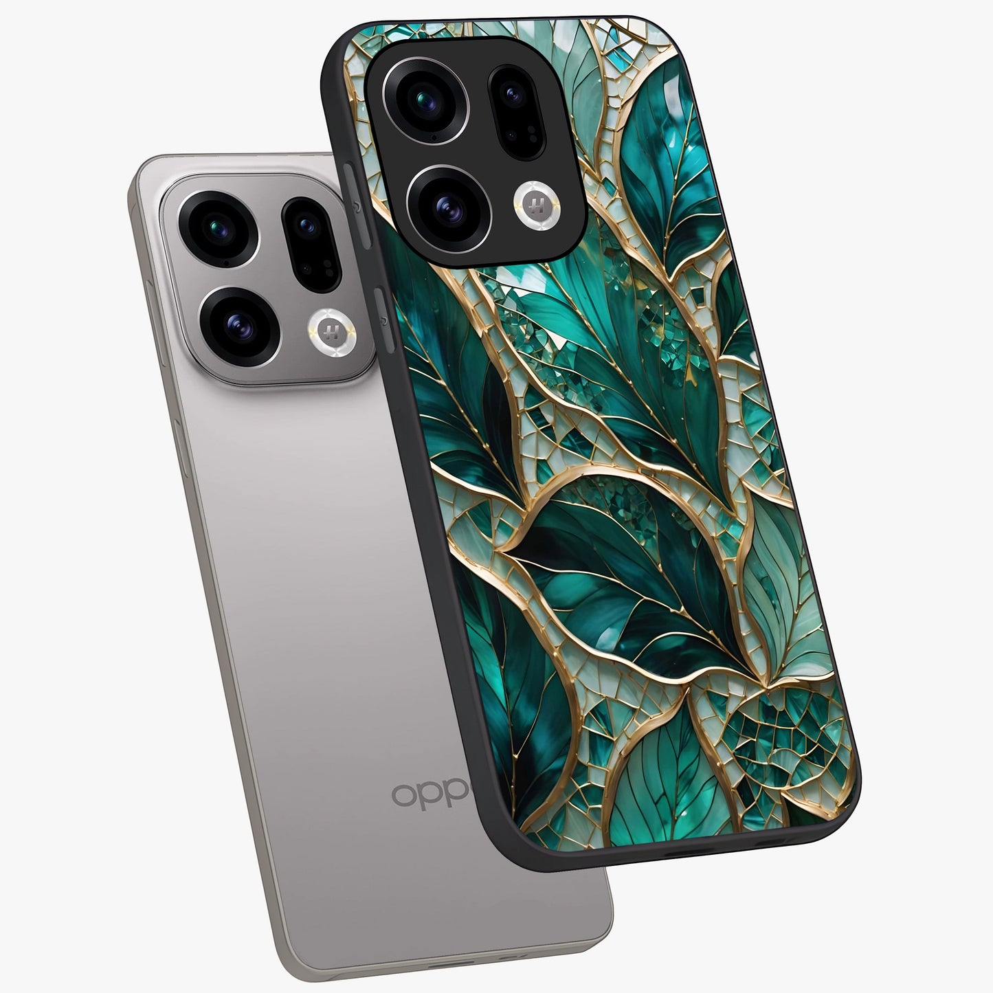 Emerald Leaf Glass Glass Case displayed in angled mockup highlighting botanical leaf illustration with elegant natural aesthetic.
