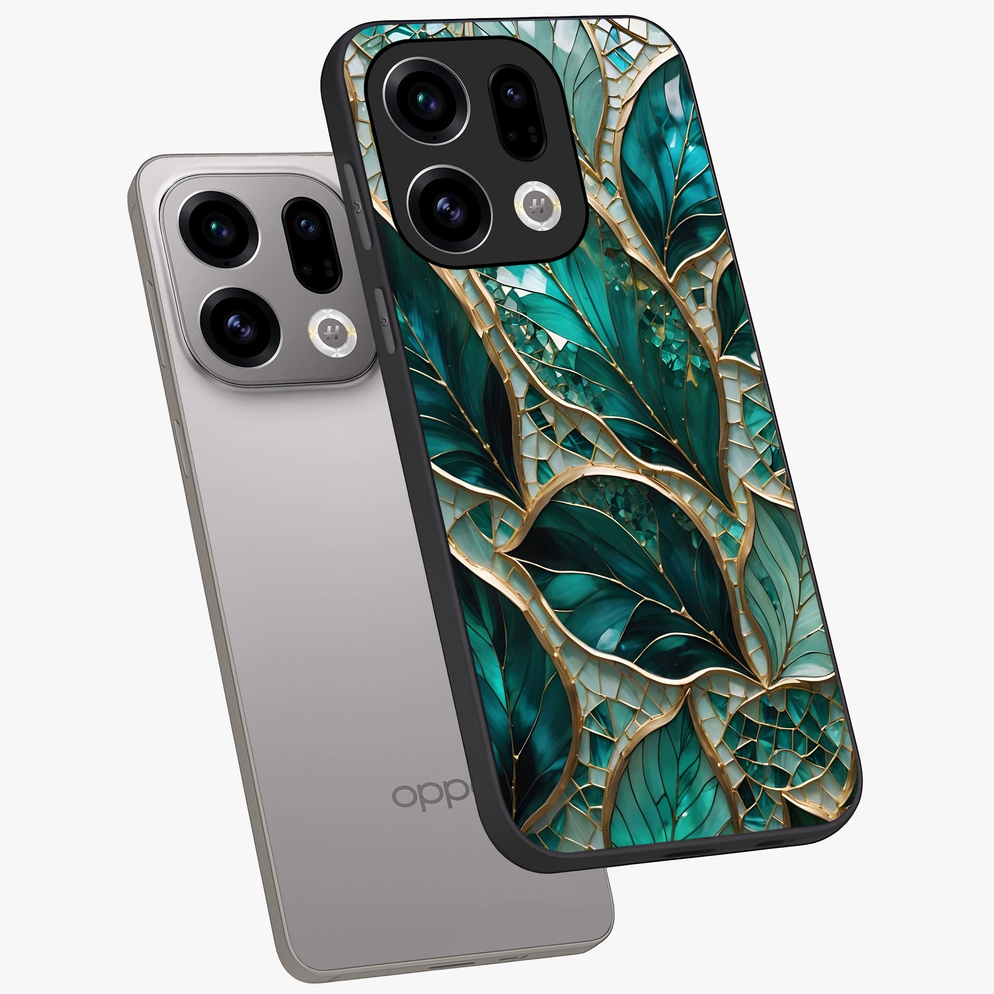 Emerald Leaf Glass Glass Case displayed in angled mockup highlighting botanical leaf illustration with elegant natural aesthetic.