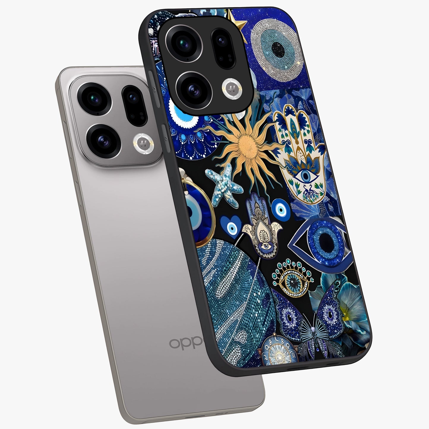 Evil Eye Charm Mix Glass Case displayed in angled mockup highlighting protective evil eye symbols with spiritual aesthetic design.
