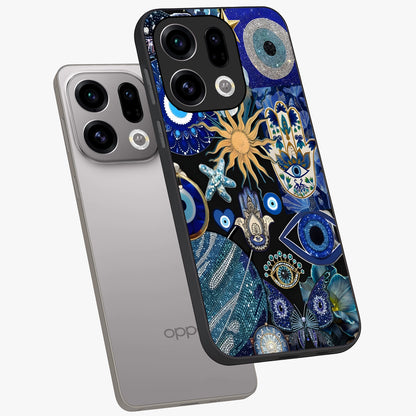 Evil Eye Charm Mix Glass Case displayed in angled mockup highlighting protective evil eye symbols with spiritual aesthetic design.
