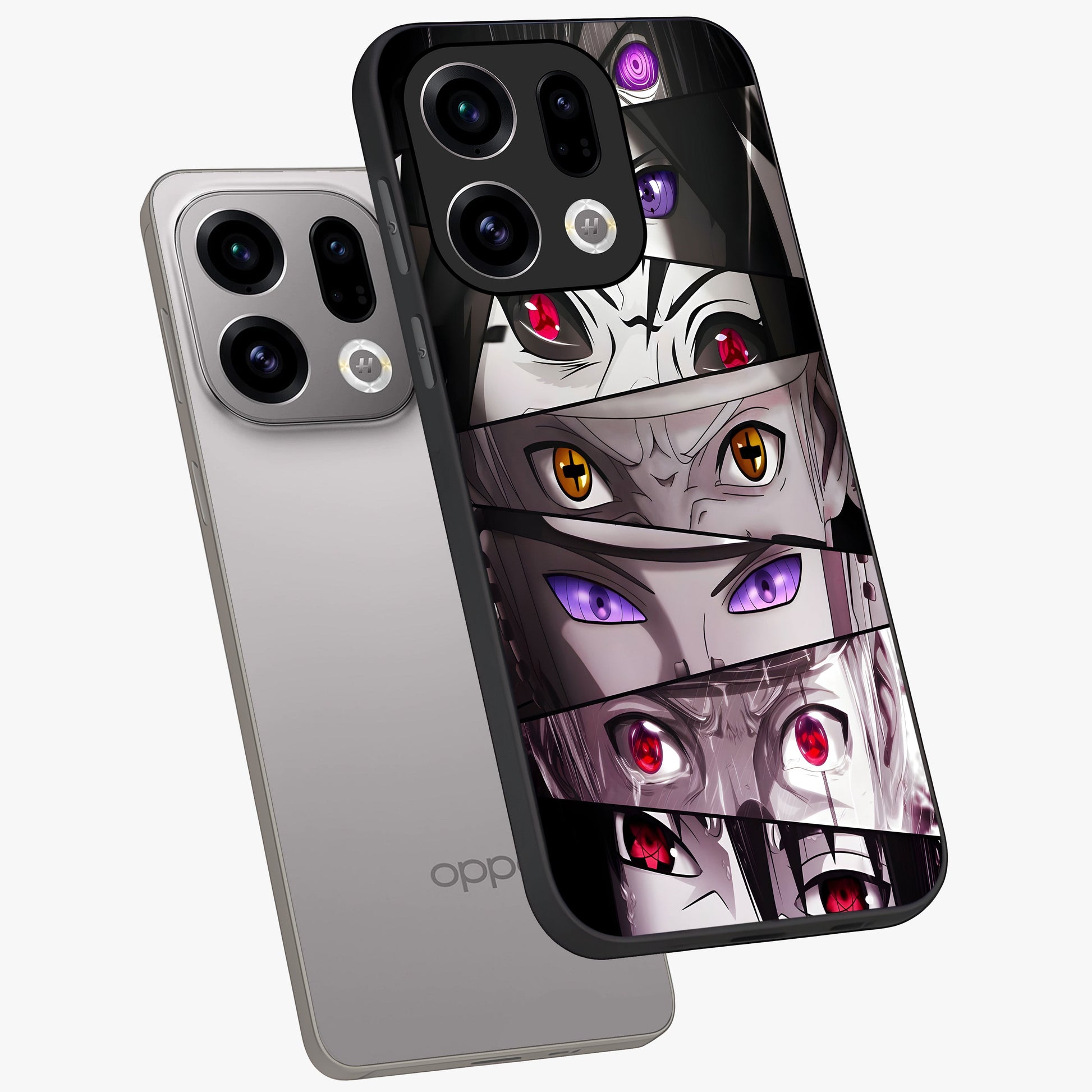 Eyes of Destiny Glass Case displayed in angled mockup highlighting bold eye illustration with mystical aesthetic style.