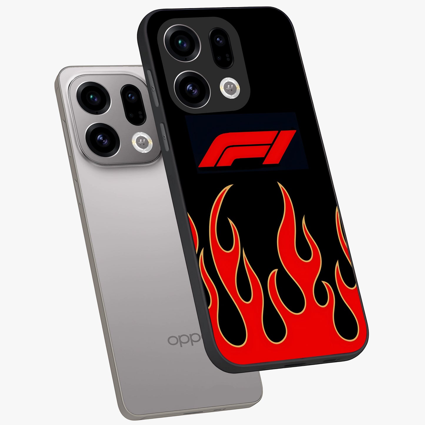 Fire F11 Glass Case displayed in angled mockup highlighting bold fire inspired graphic with energetic aesthetic style.
