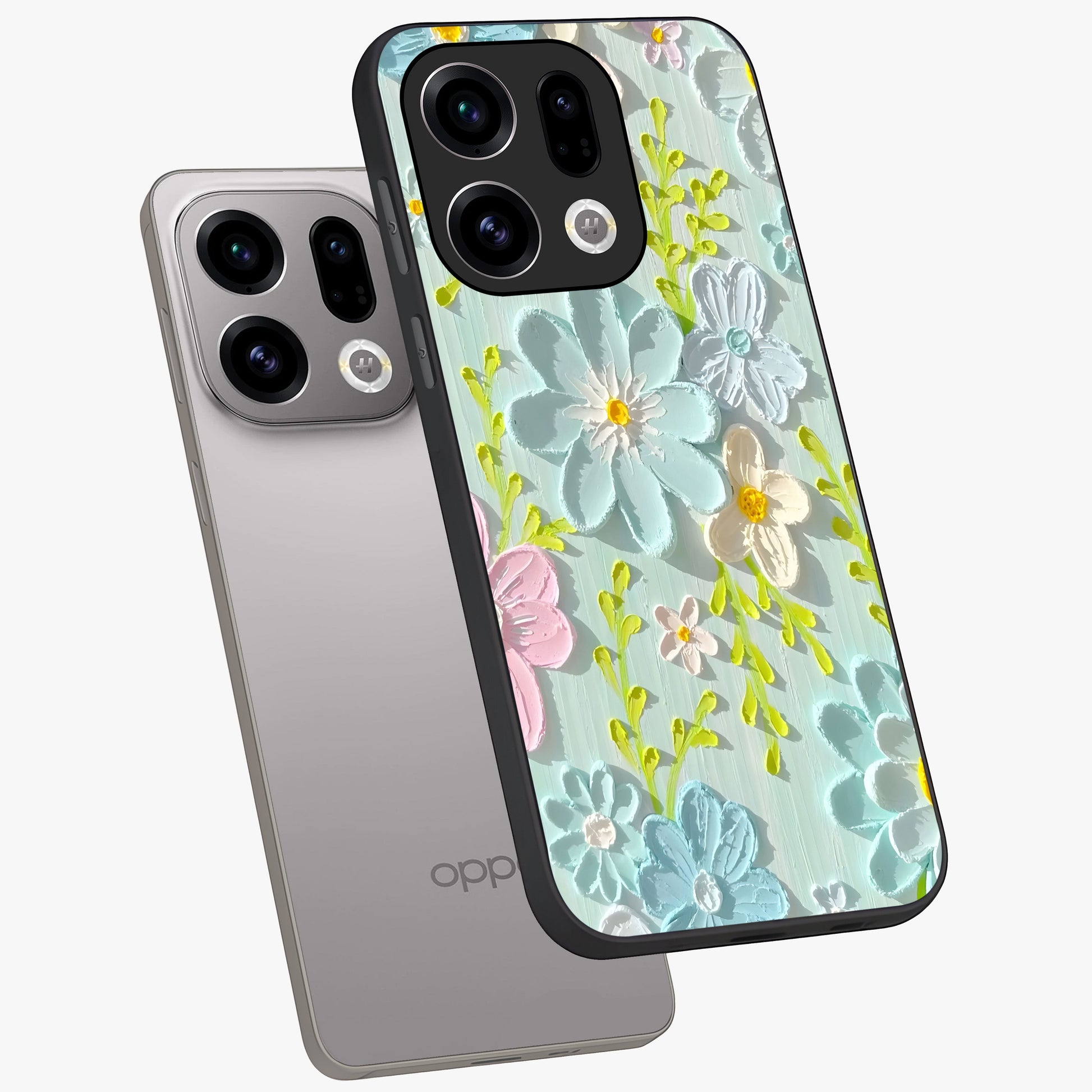 Frosted Petal Garden Glass Case displayed in angled mockup highlighting delicate flower petal design with calm garden aesthetic.