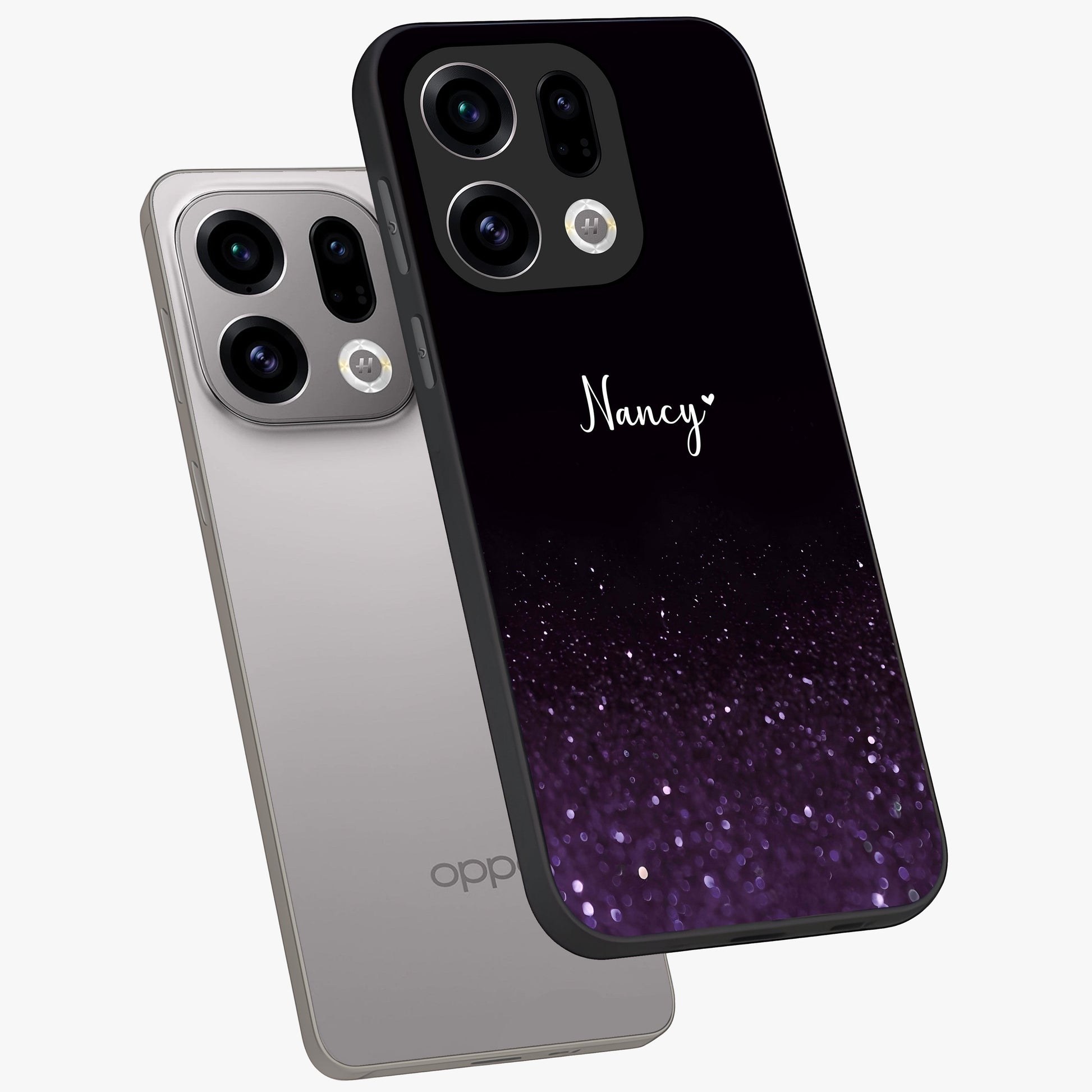 Glittery Purple Bokeh Custom Name Glass Case displayed in angled mockup highlighting glitter bokeh pattern with custom name feature.