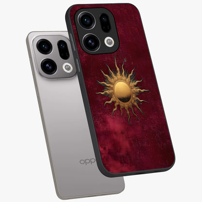 Golden Sun Minimalism Glass Case displayed in angled mockup highlighting clean sun symbol design with modern minimal aesthetic.