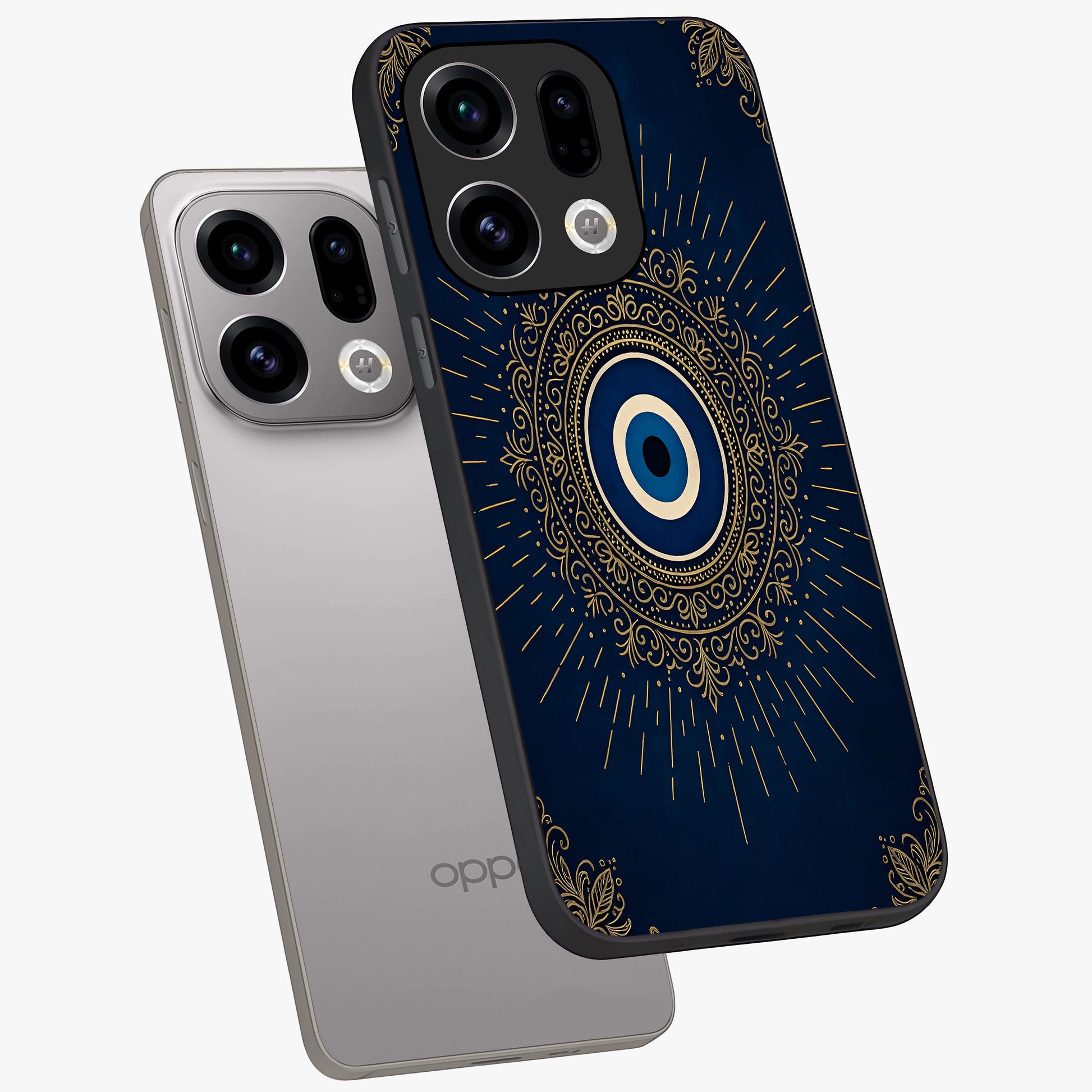 Golden Celestial Charm Glass Case displayed in angled mockup highlighting sparkling cosmic charm design with celestial aesthetic.
