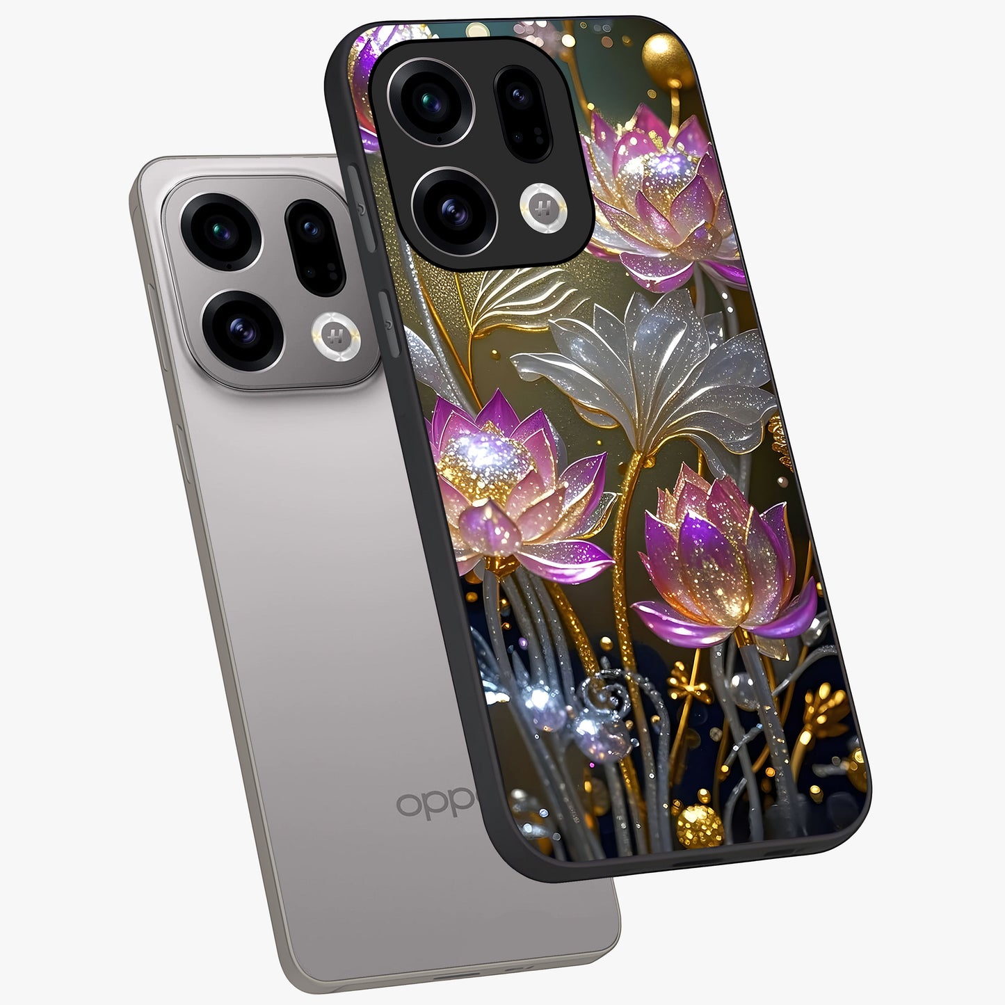 Golden Floral Majesty Glass Case displayed in angled mockup highlighting elegant flower design with royal golden aesthetic.