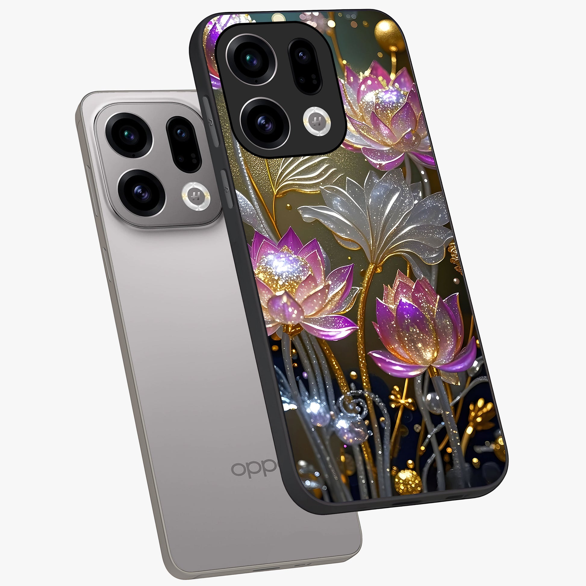 Golden Floral Majesty Glass Case displayed in angled mockup highlighting elegant flower design with royal golden aesthetic.