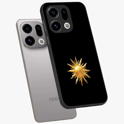 Golden Sun Minimalism Glass Case displayed in angled mockup highlighting eerie shadow illustration with gothic aesthetic.