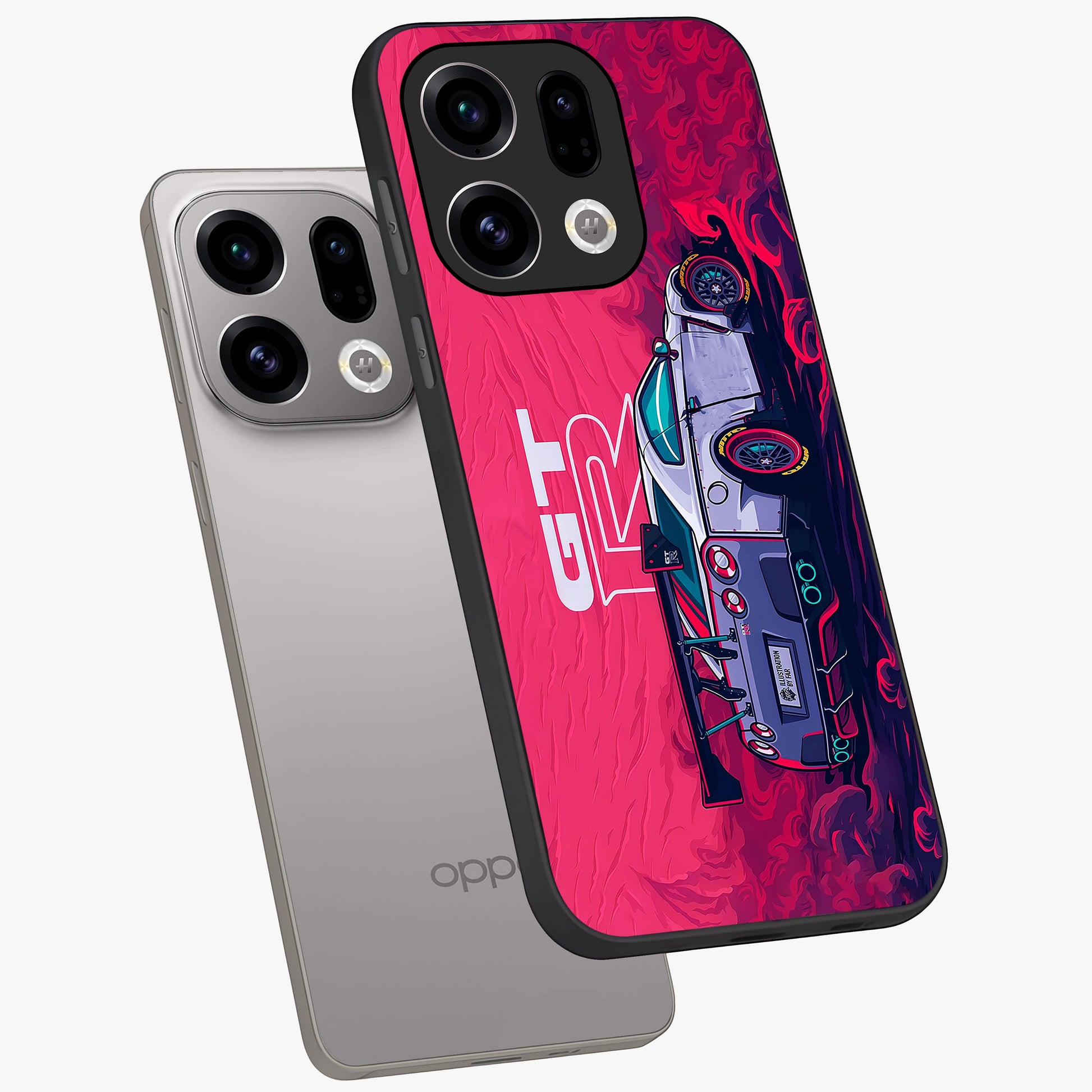 GT-R Car Pattern Glass Case displayed in angled mockup highlighting racing car graphic design with bold automotive aesthetic.