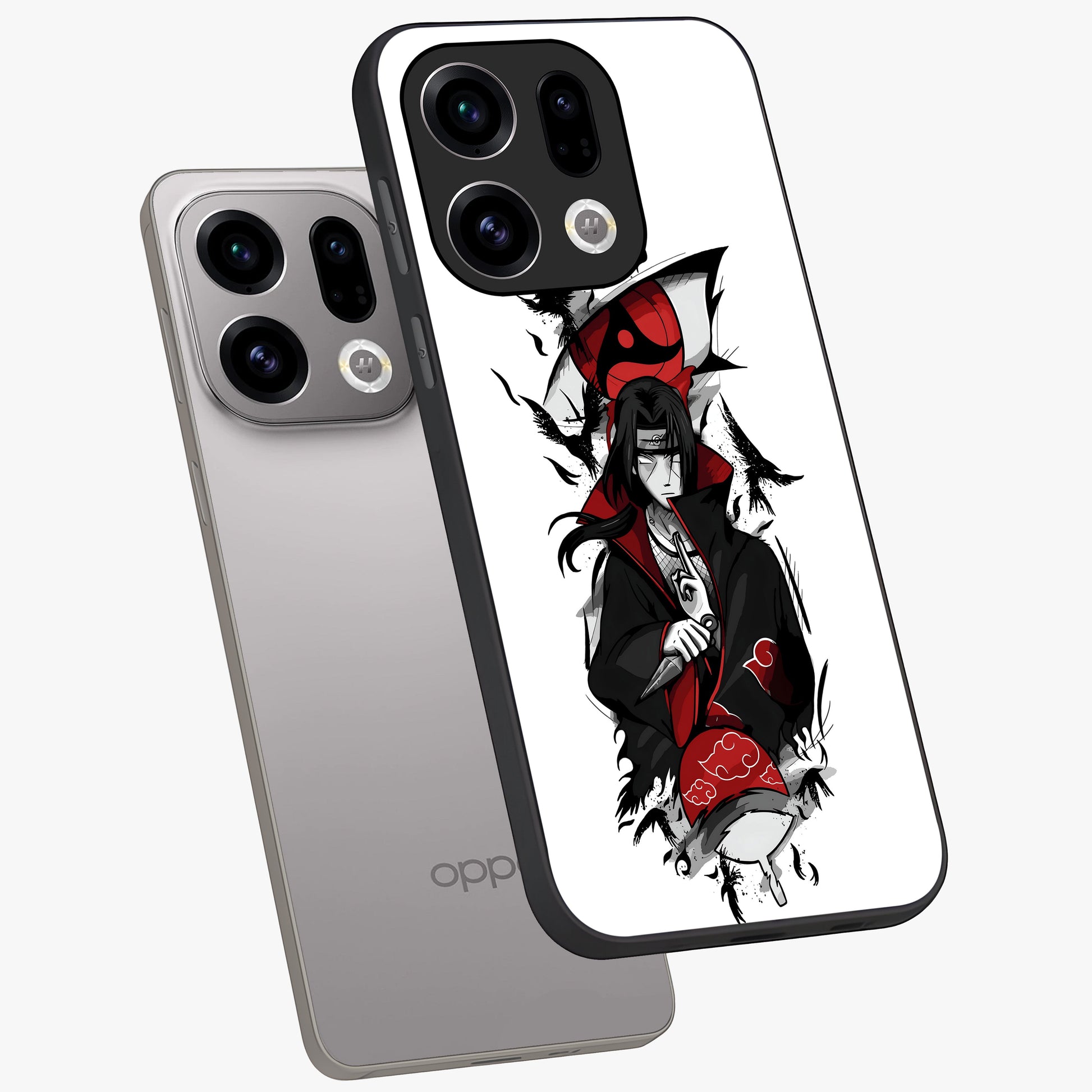 Itachi Limited Edition Naruto Anime Glass Case displayed in angled mockup highlighting dramatic anime illustration with bold action aesthetic.